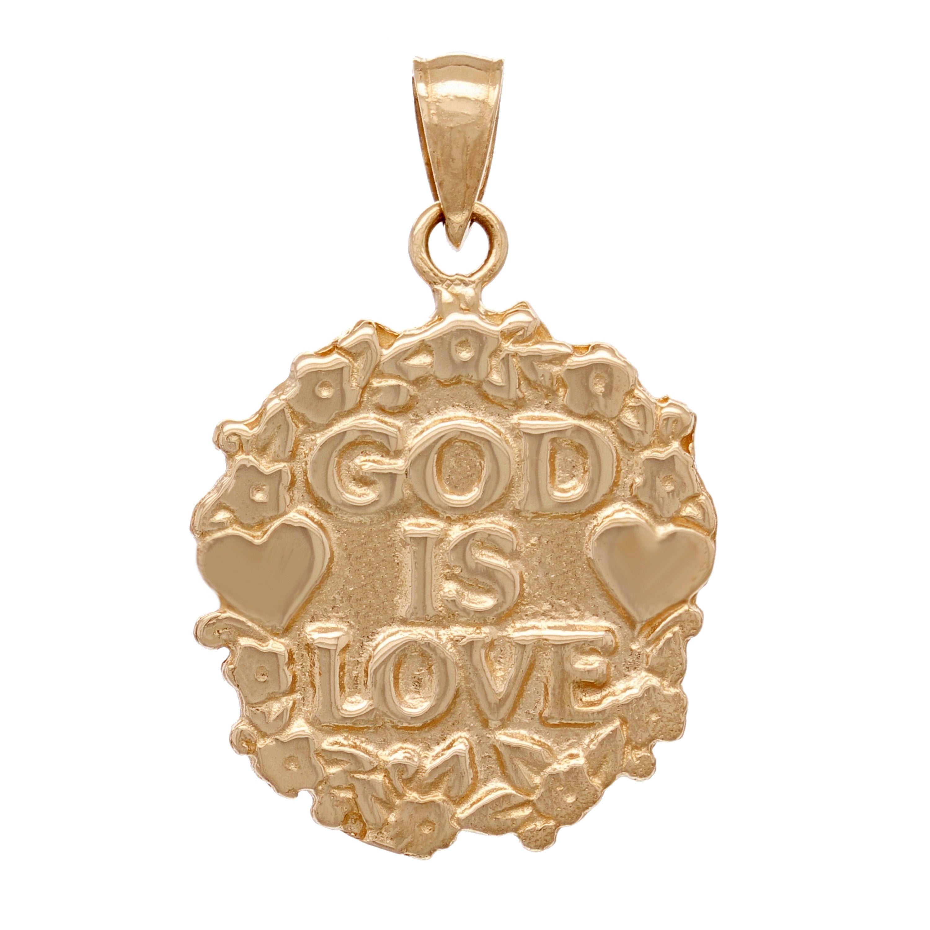 14k Rose Gold Solid GOD IS LOVE Heart & Flowers Charm Pendant 1.2" 4.9grams - Rose