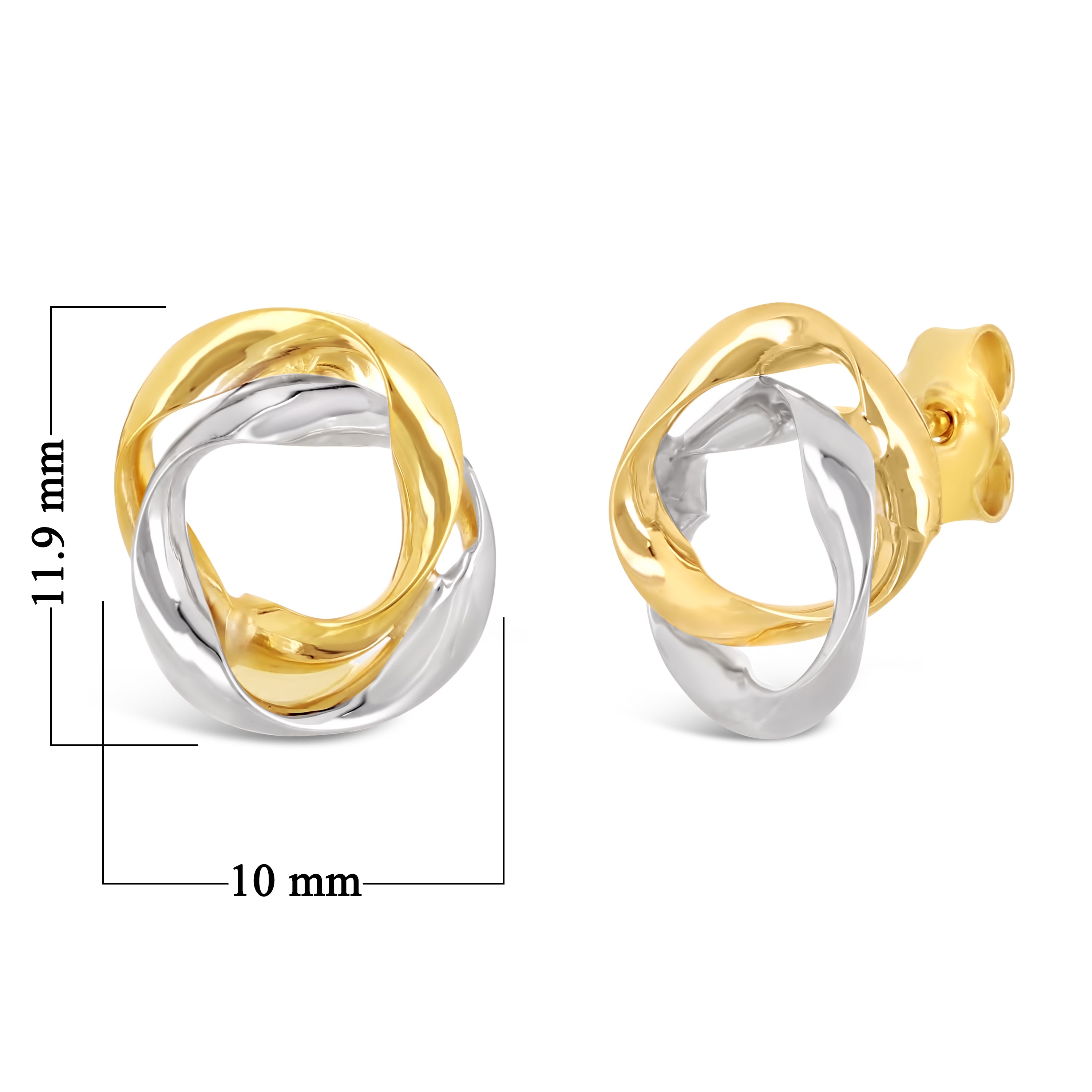 Italian 14k Yellow & White Gold Shiny Mini Twisted Love Knot Stud Earrings - Double Twisted Circles