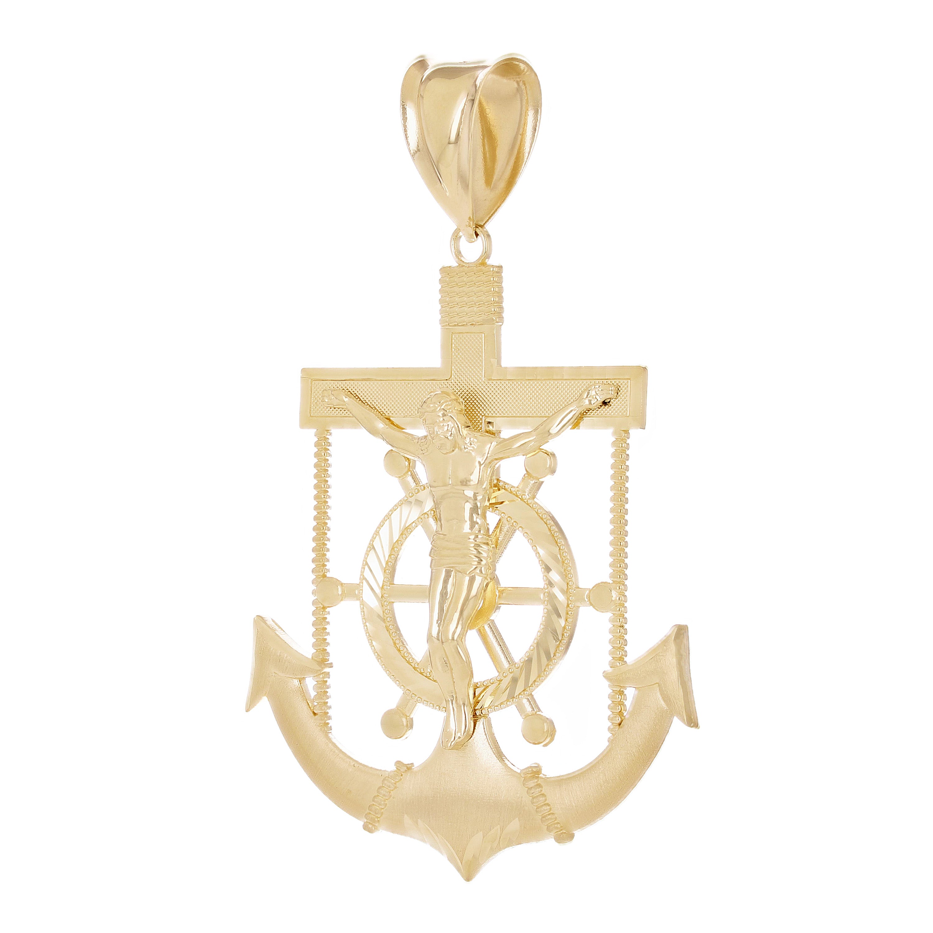 14k Yellow Gold BIG Jesus Christ Cross Anchor Ship Mariners Pendant 3.5" 19.5g