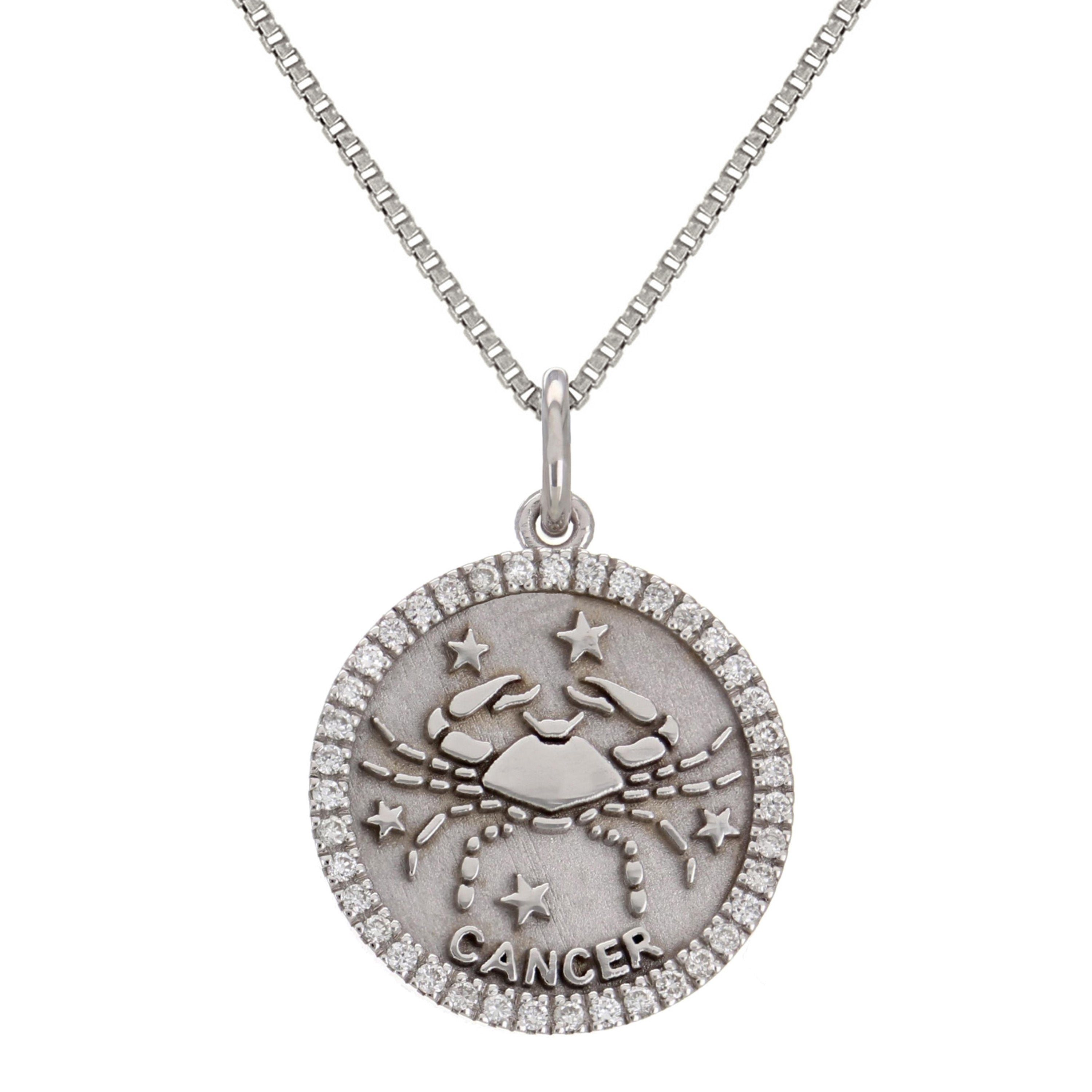 14k White Gold Diamond Zodiac Sign Cancer Pendant Necklace 18" - Cancer,White