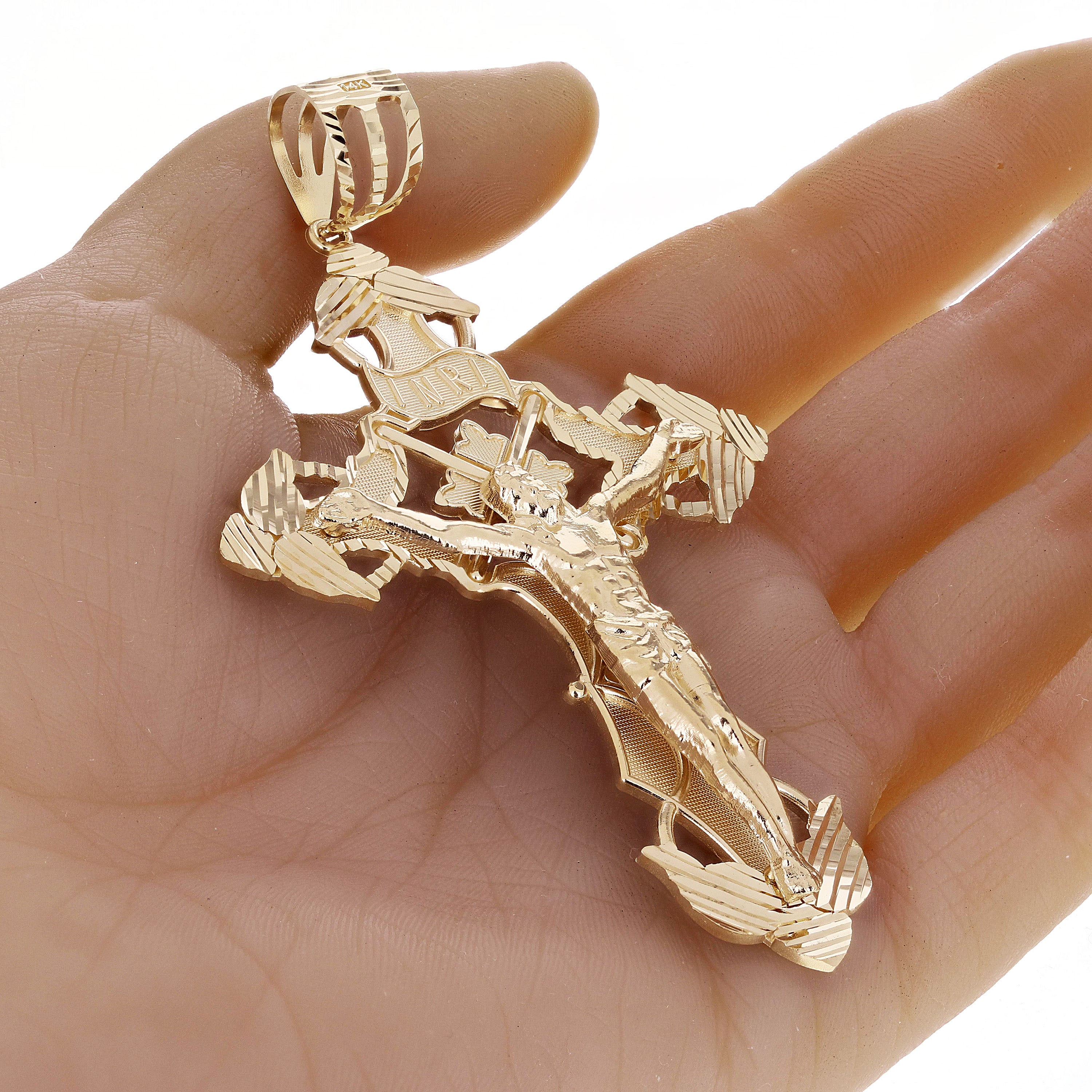 14k Yellow Gold INRI Christ Passion Cross Crucifix Pendant 3.9" 25 grams
