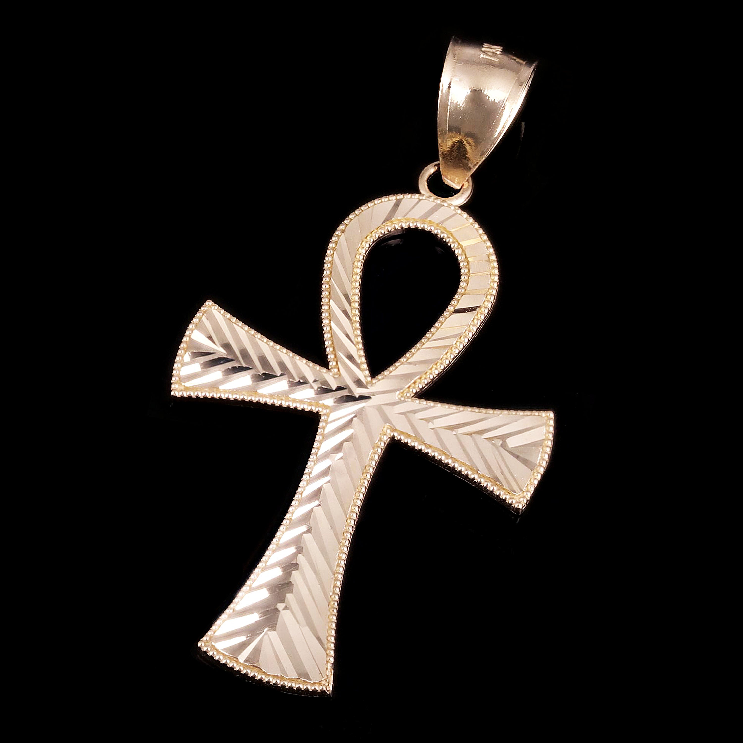 14k Yellow Gold Diamond-Cut Egyptian Ankh Cross Pendant 1.6" 2.7 grams