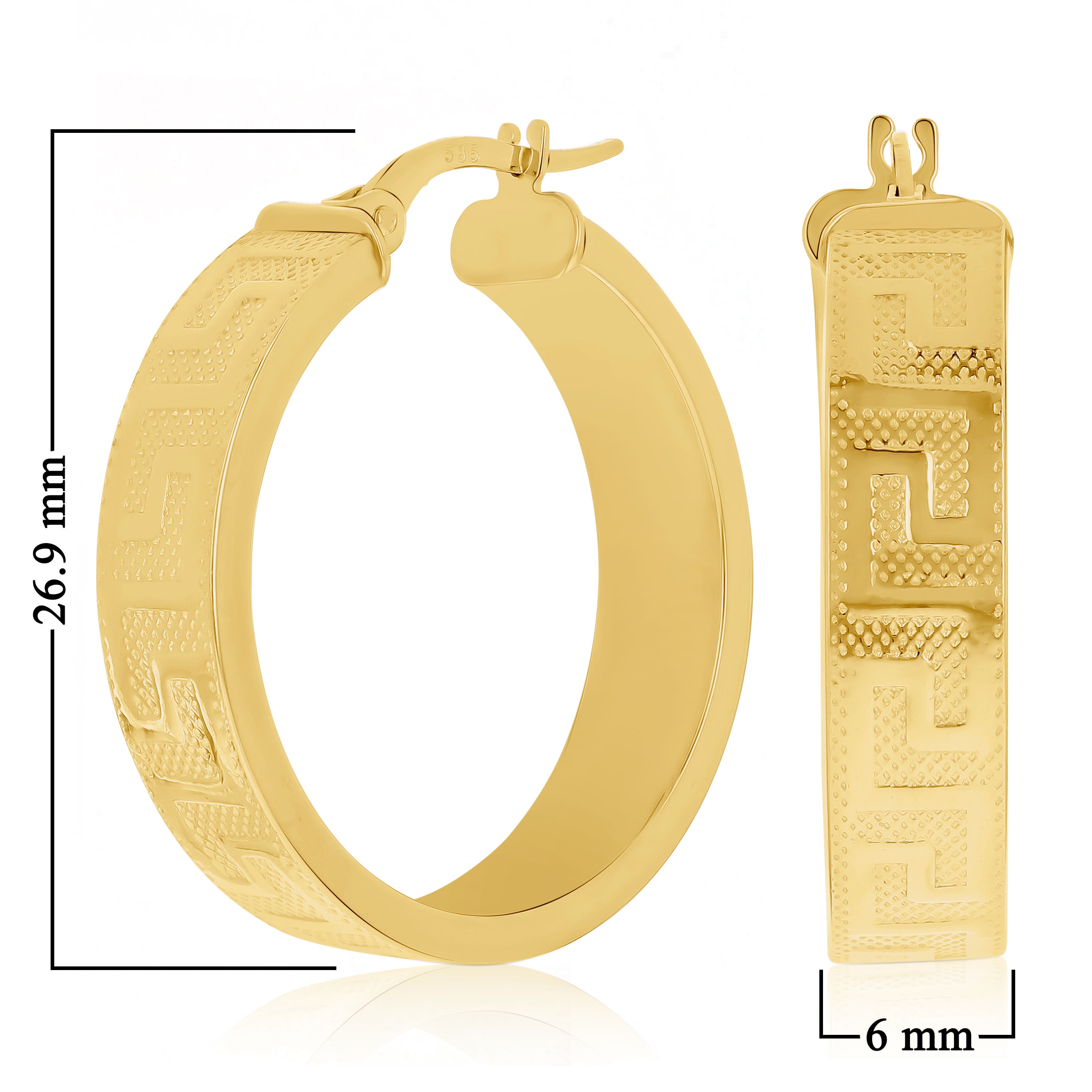 Italian 14k Yellow Gold Hollow Greek Key Hollow Hoop Earrings 1.1" 6mm 3 grams