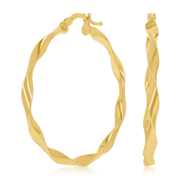 Italian 14k Yellow Gold High Polished Twisted Hoop Earrings 1.5