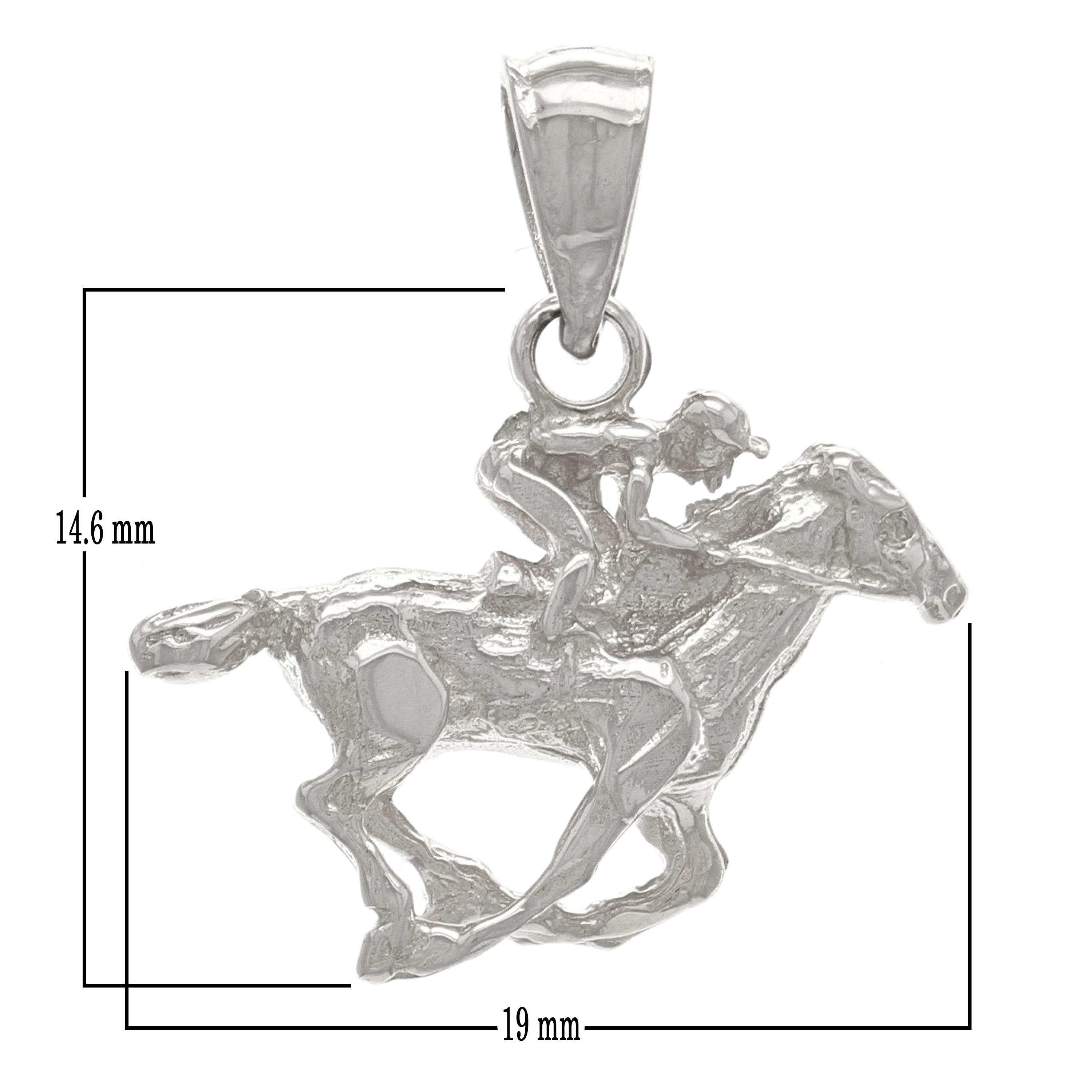 14k White Gold Diamond Cut Equestrian Horse & Jockey Rider Charm Pendant 3 grams - White