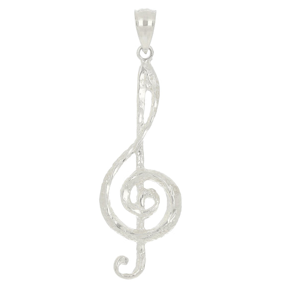 14k White Gold Solid Treble Clef Music Note Charm Pendant 1.65