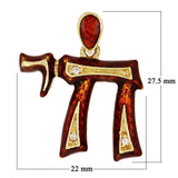 14k Yellow Gold Red Enamel Hebrew Jewish Chai Symbol Life Diamond Pendant - Red