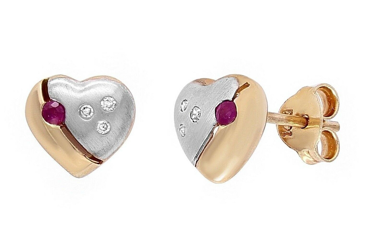 10k Two Tone Gold Heart Earrings Round Ruby & Diamonds Stud Earrings