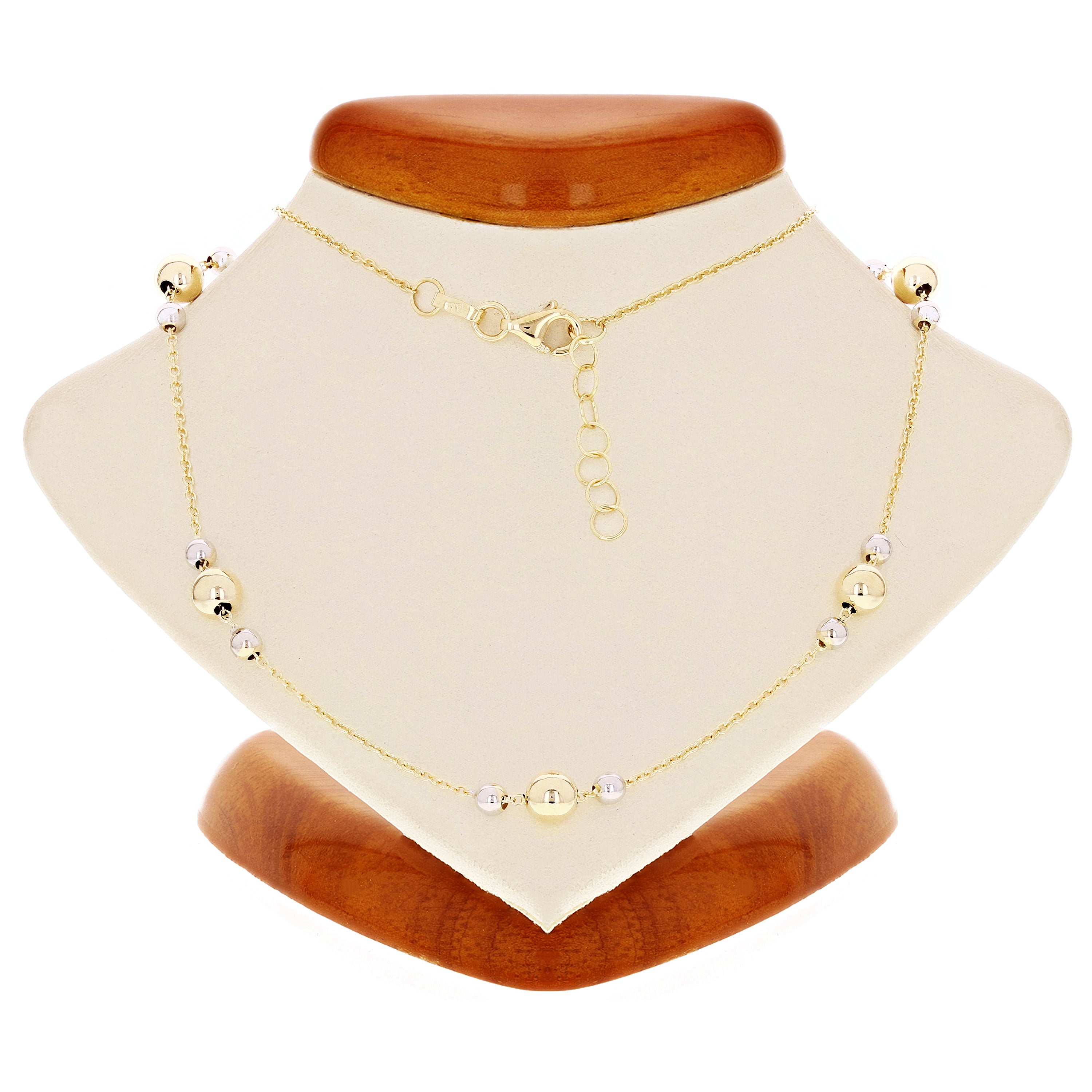 Italian 14k Two Tone Gold Polished Bead Station Necklace 17" 3mm & 5mm 2.5 grams