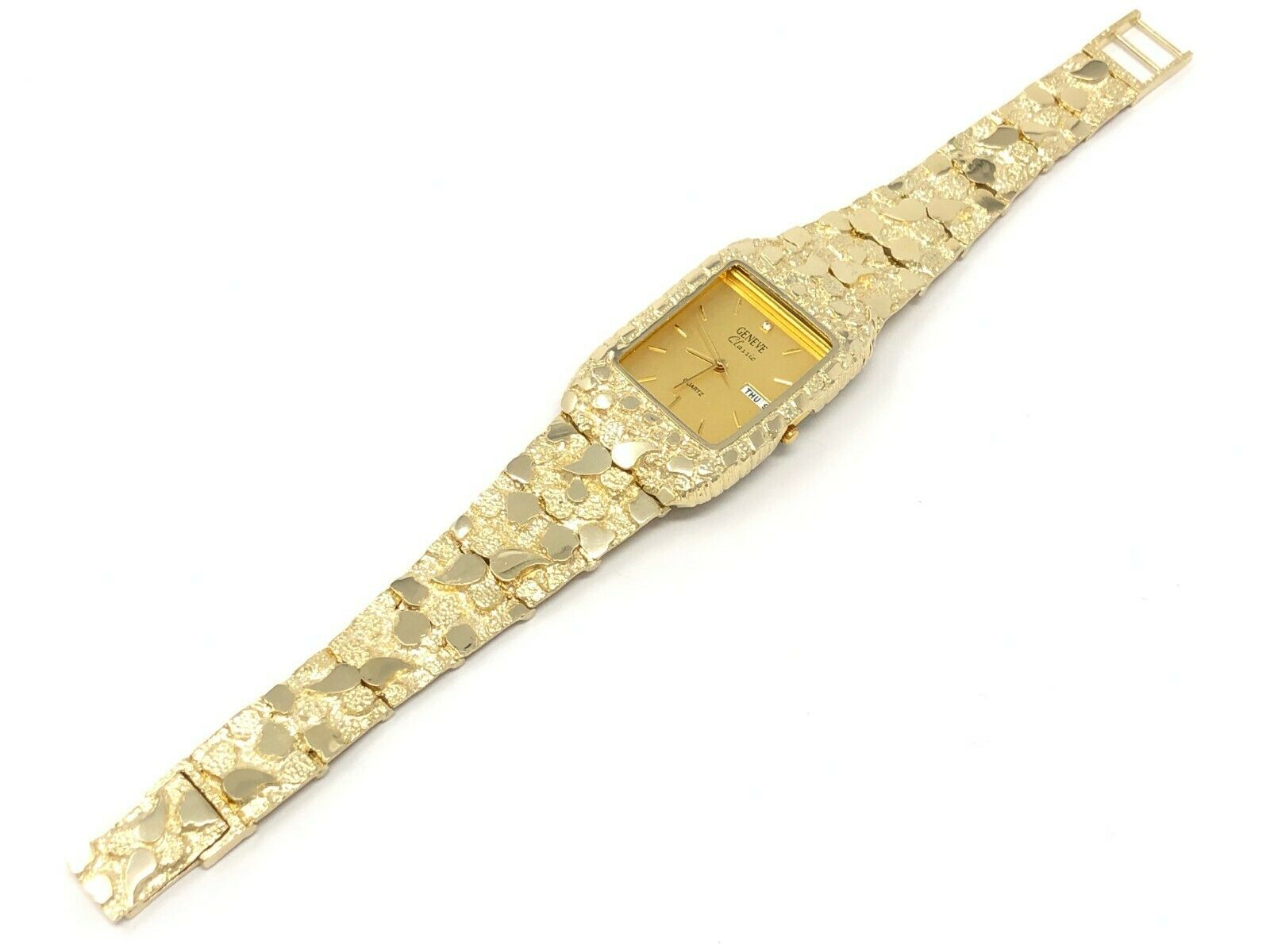 10k Yellow Gold Nugget Bracelet Link Wrist Watch Geneve with diamond 7.75" 55g
