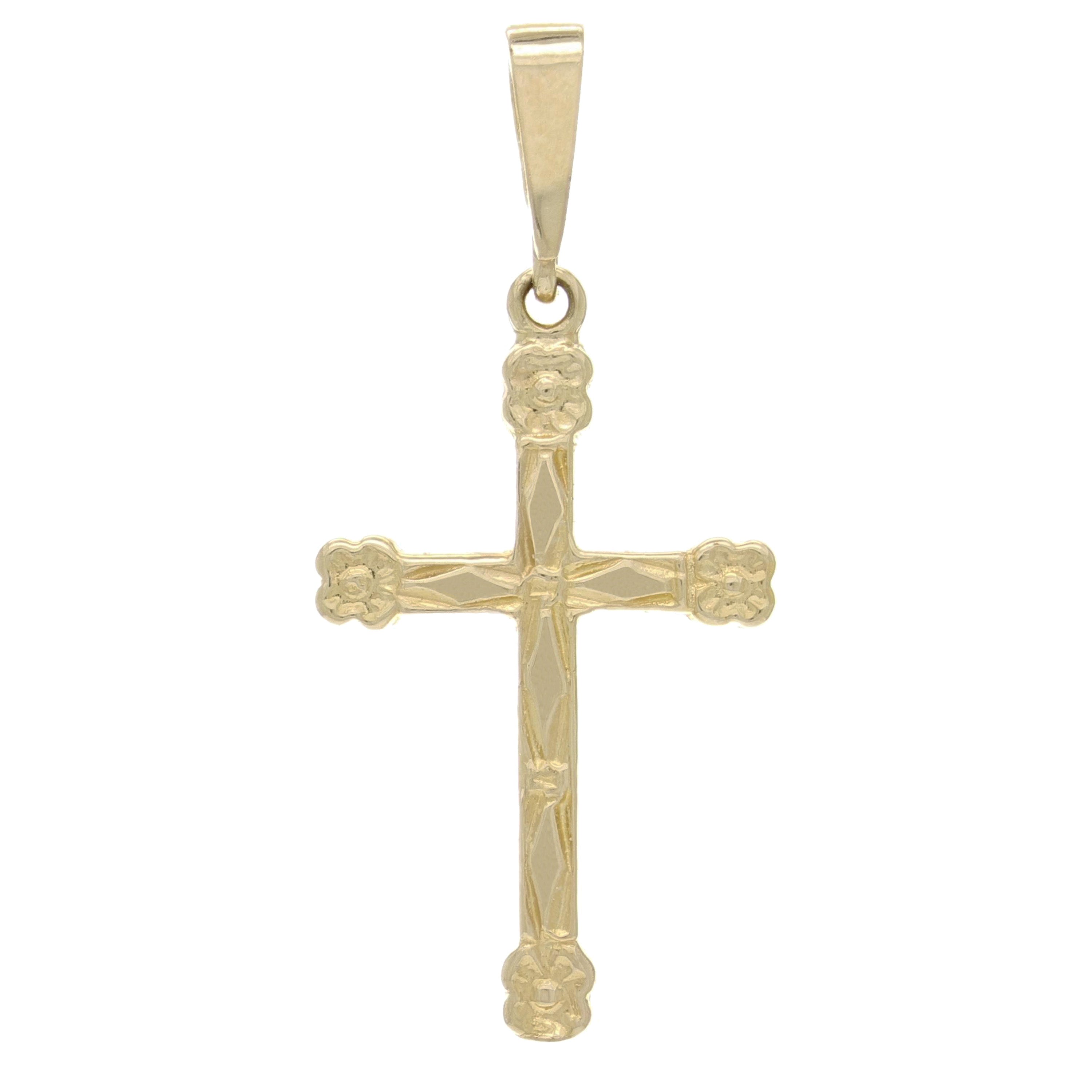 14k Yellow Gold Religious Cross Charm Pendant with Flower 1.3" 1.4 grams - Yellow
