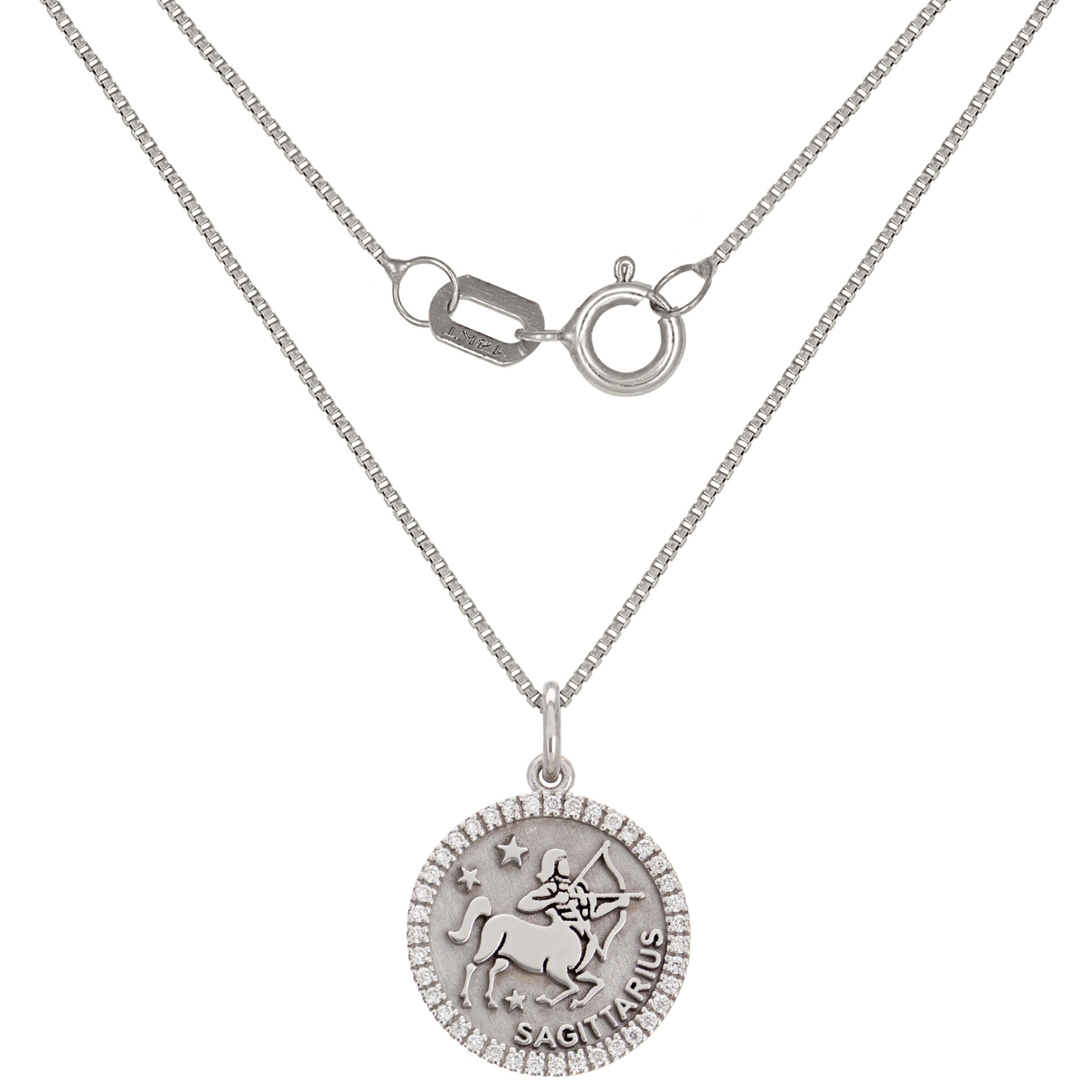 14k White Gold Diamond Zodiac Sign Sagittarius Pendant Necklace 18" - Sagittarius,White