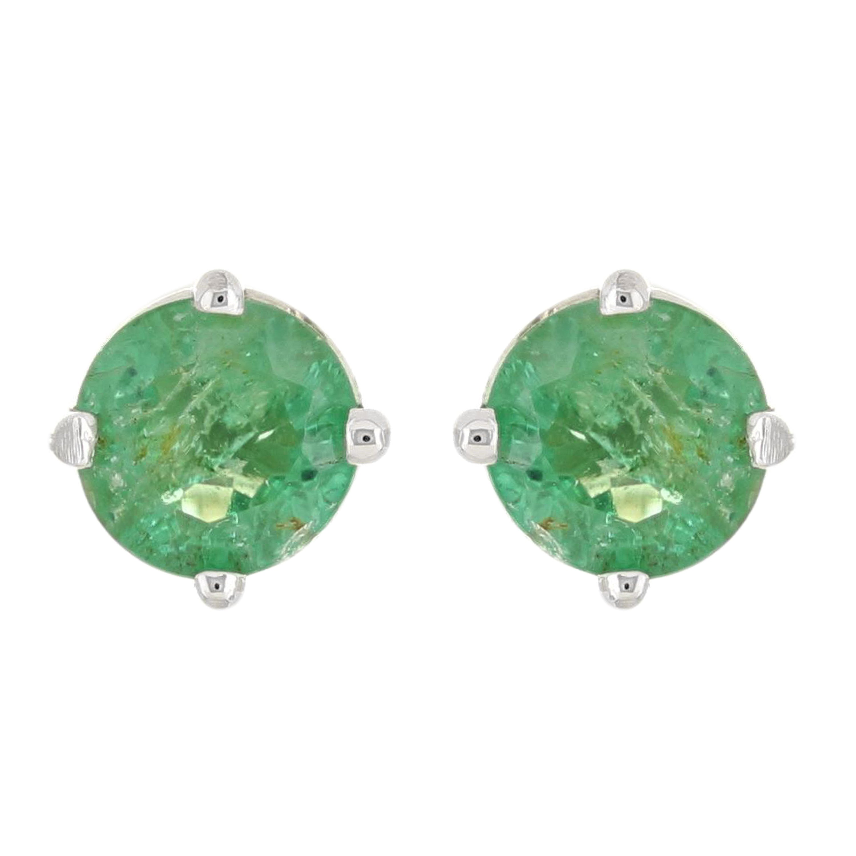 14k White Gold Round Emerald Solitaire Stud Earrings