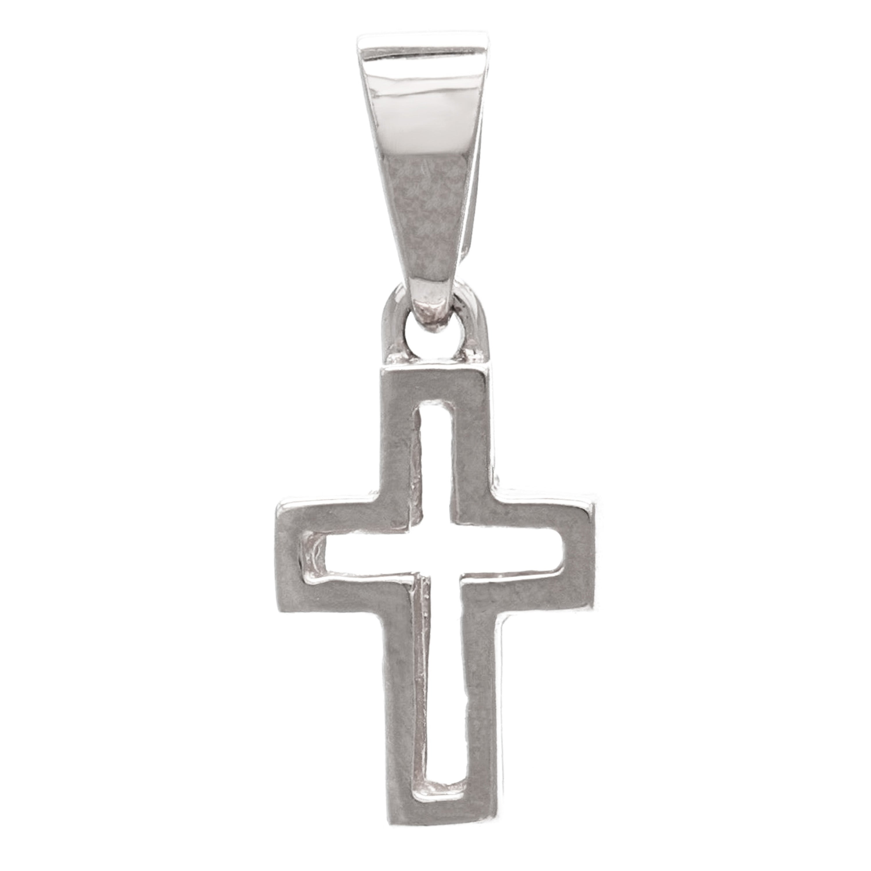 14k White Gold Small Double Sided Open 3D Cross Religious Charm Pendant 1.2g - White