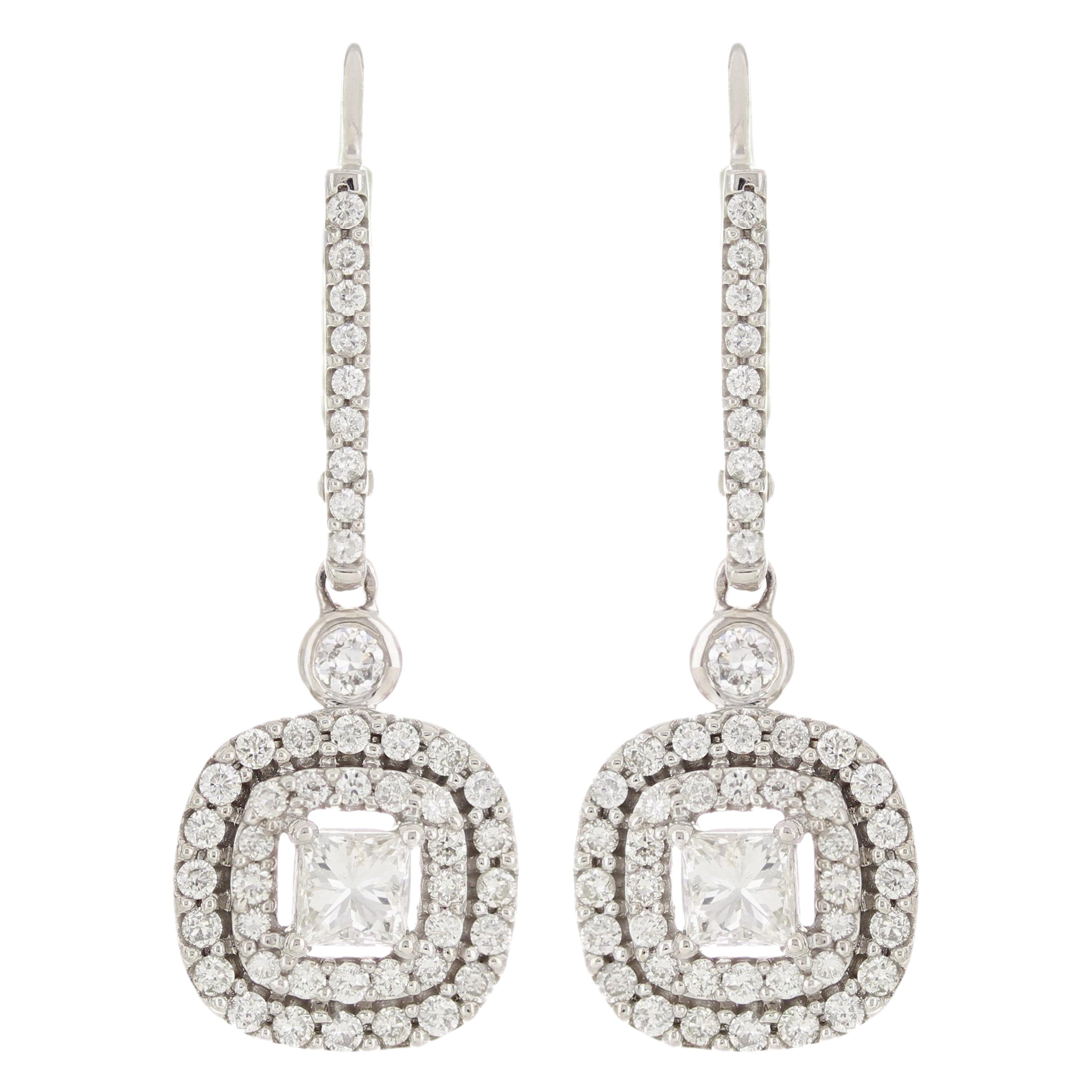 10k White Gold Double Halo Diamond Lever Back Drop Dangle Earrings 1.00CT