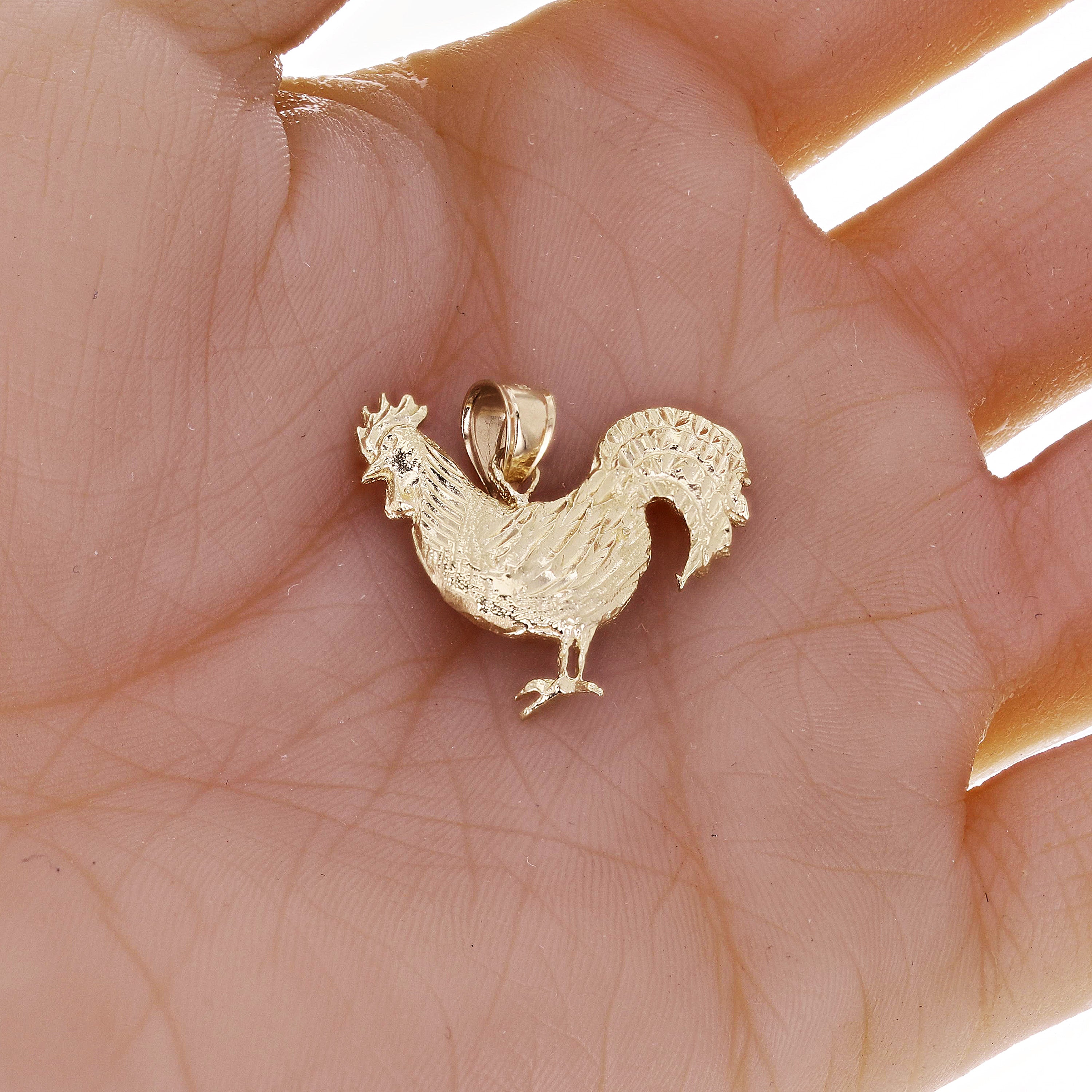 14k Yellow Gold Diamond Cut Cock Chicken Bird Rooster Charm Pendant 1.1" 3 grams