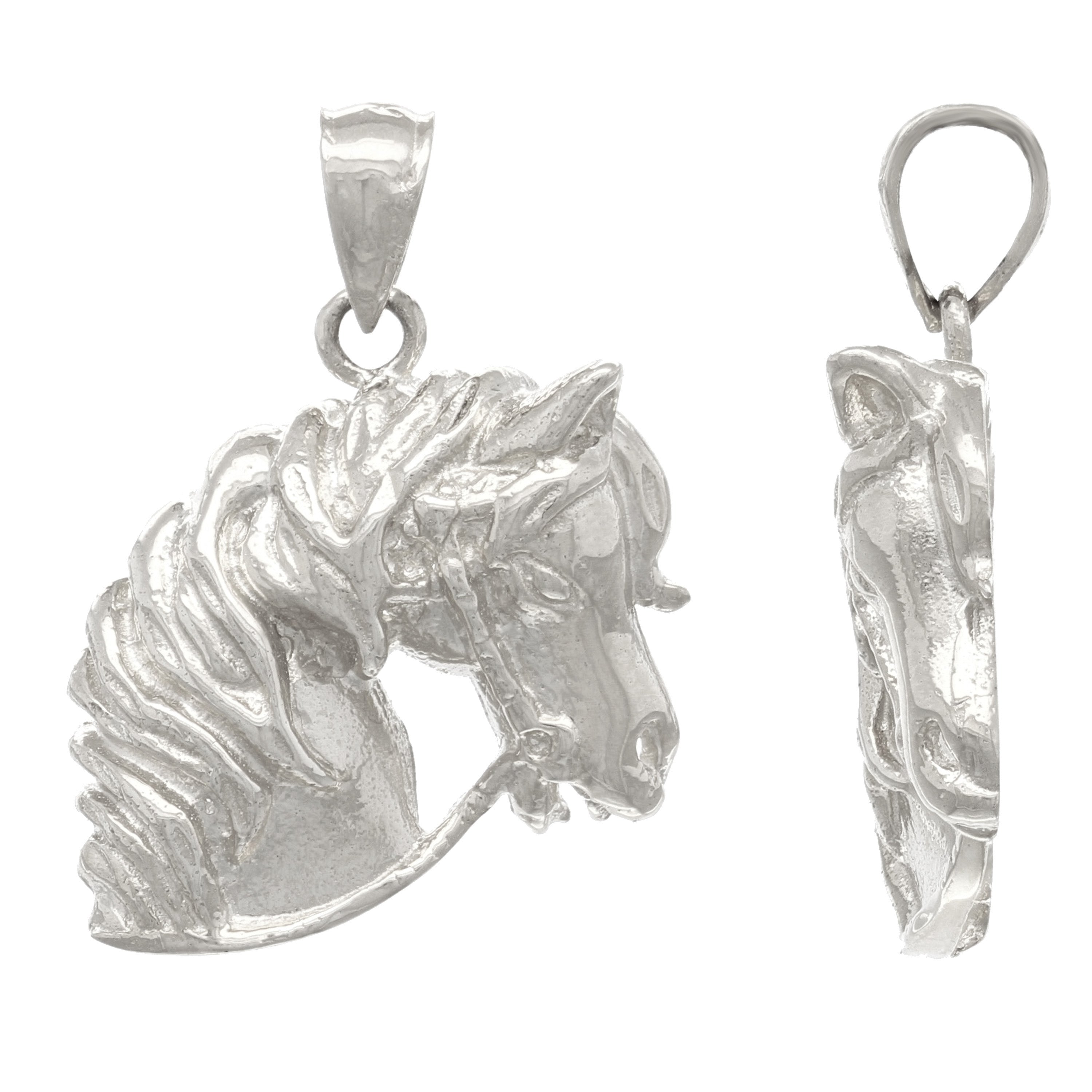 14k White Gold Solid Lucky Horse Head Face Charm Pendant 3.9 grams - White