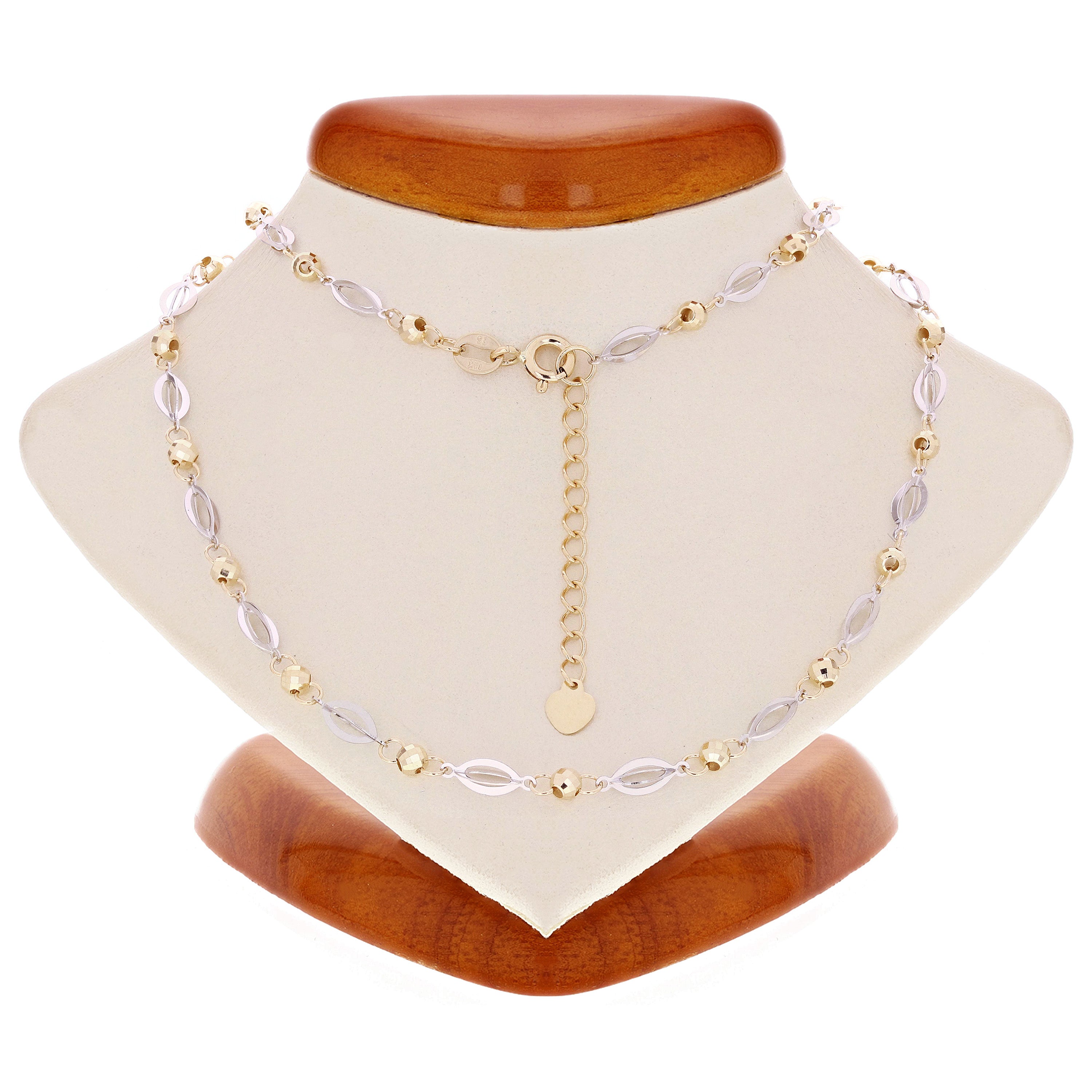 Italian Two Tone Gold 3D Oval & Diamond Cut Ball Beads Link Necklace 16" 4.5gram