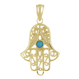 14k Yellow Gold Hamsa Hand Of Fatima with Turquoise Evil Eye Charm Pendant 2g - Yellow