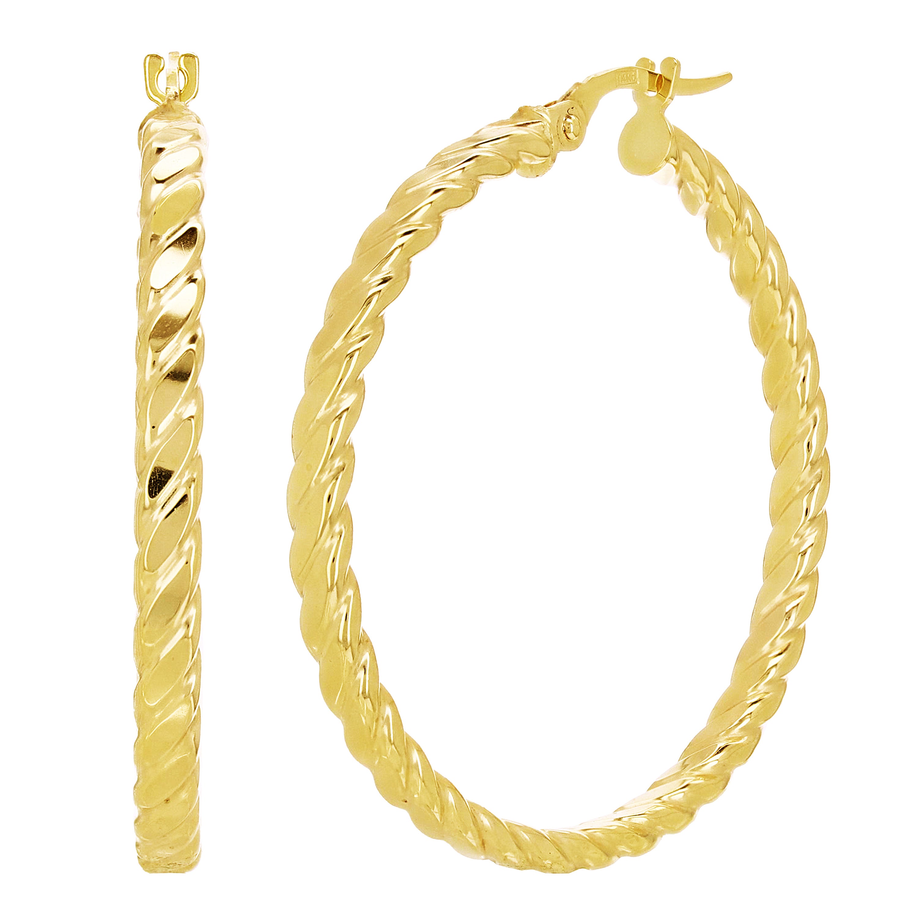 Italian 14k Yellow Gold Hollow Flat Rope Hoop Earrings 1.4" 3mm 3 grams