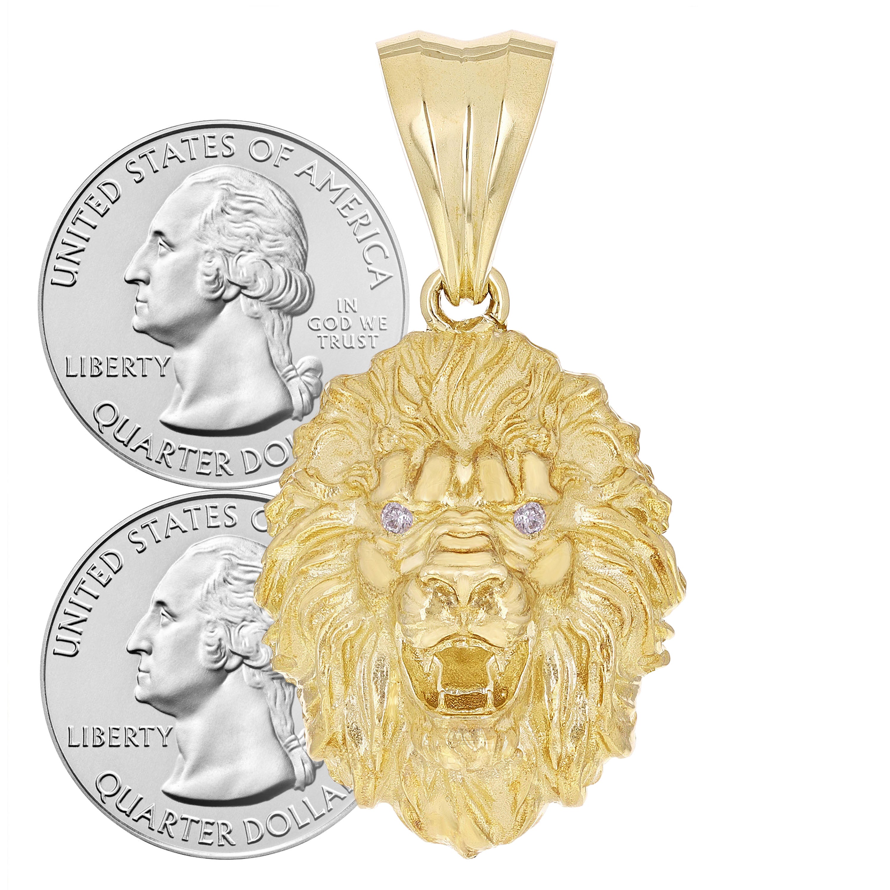 14k Yellow Gold Solid 3D Lion Head Charm Pendant with Diamond Eyes 2.2" 25 grams - Large 25 grams