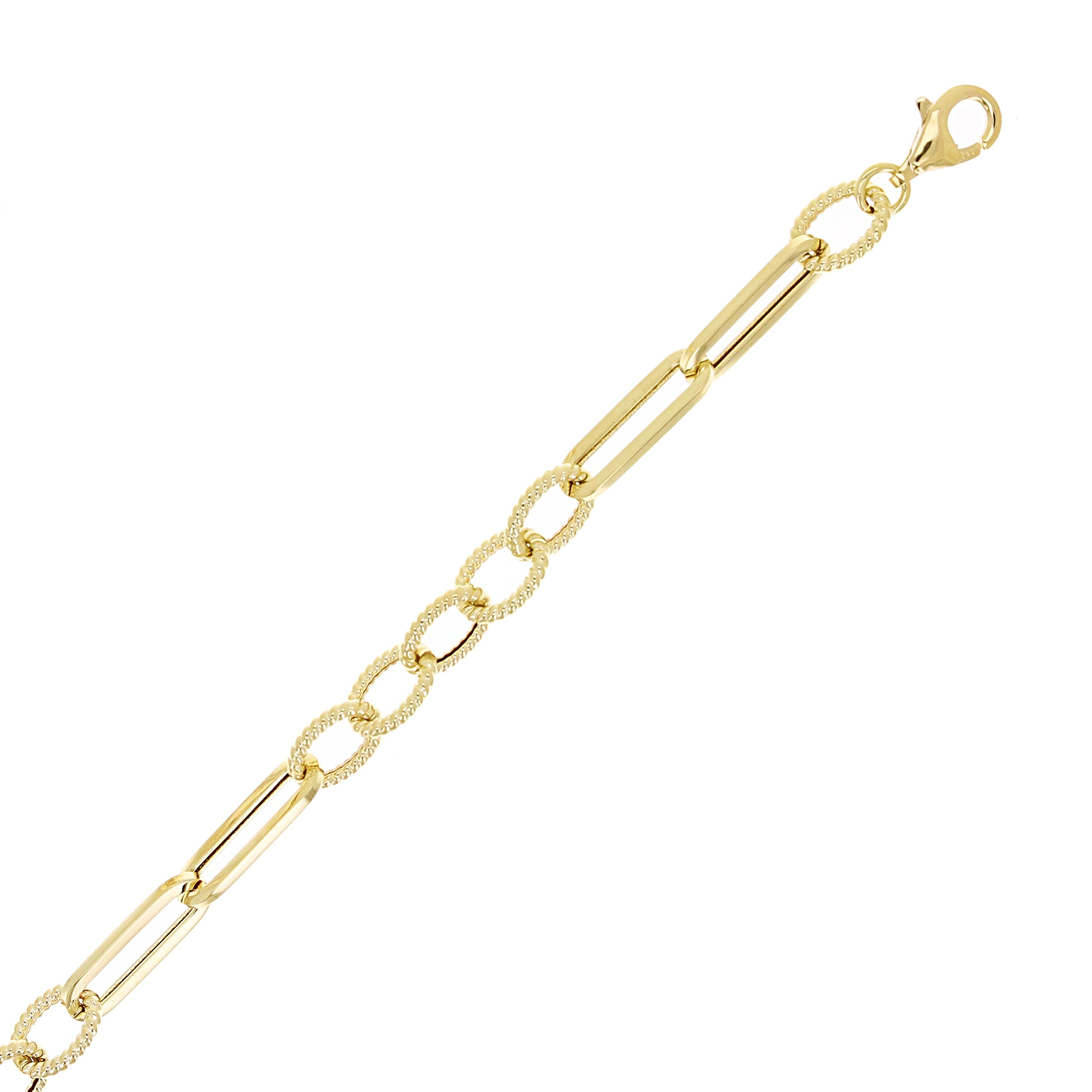 Italian 14k Yellow Gold Oval Twisted & Paper Clip Link Bracelet 7.75" 3 grams