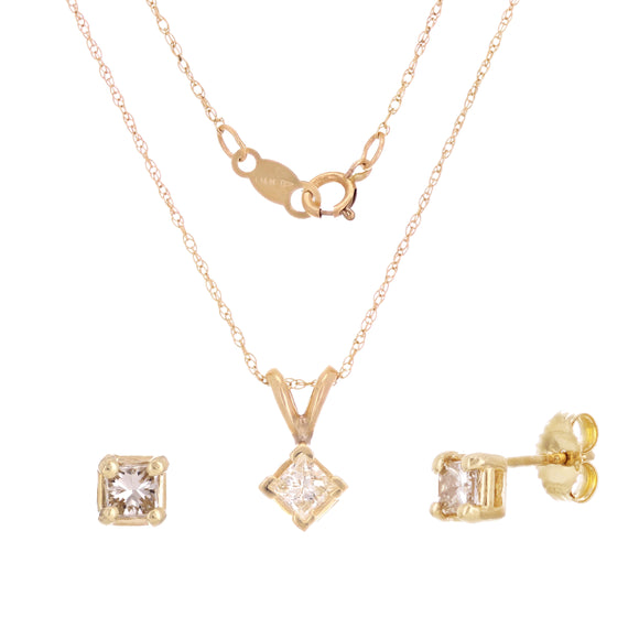 14k Yellow Gold 0.56ctw Diamond Solitaire Pendant Necklace & Stud Earrings Set