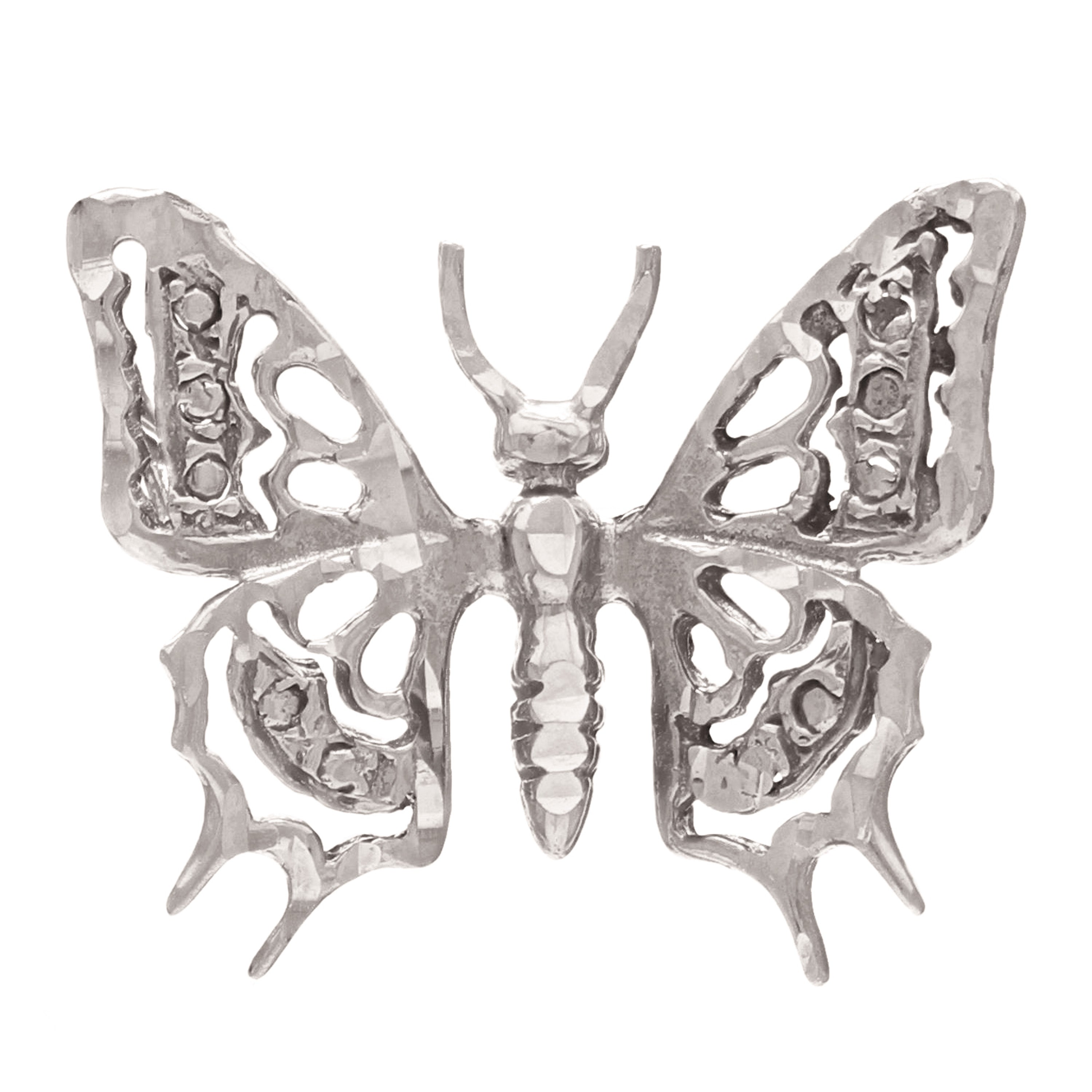 14k White Gold Diamond Cut Butterfly Charm Pendant 2 grams - White