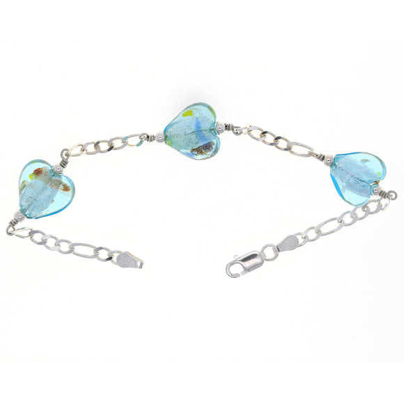 925 Sterling Silver Triple Blue Heart Murano Glass Figaro Chain Bracelet 7