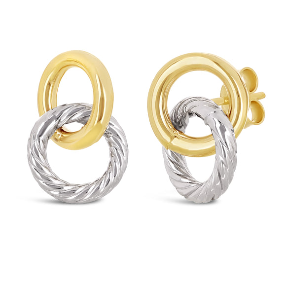 Italian 14k Yellow & White Gold Double Tube Shiny Eternity Circle Stud Earrings - Double Tube