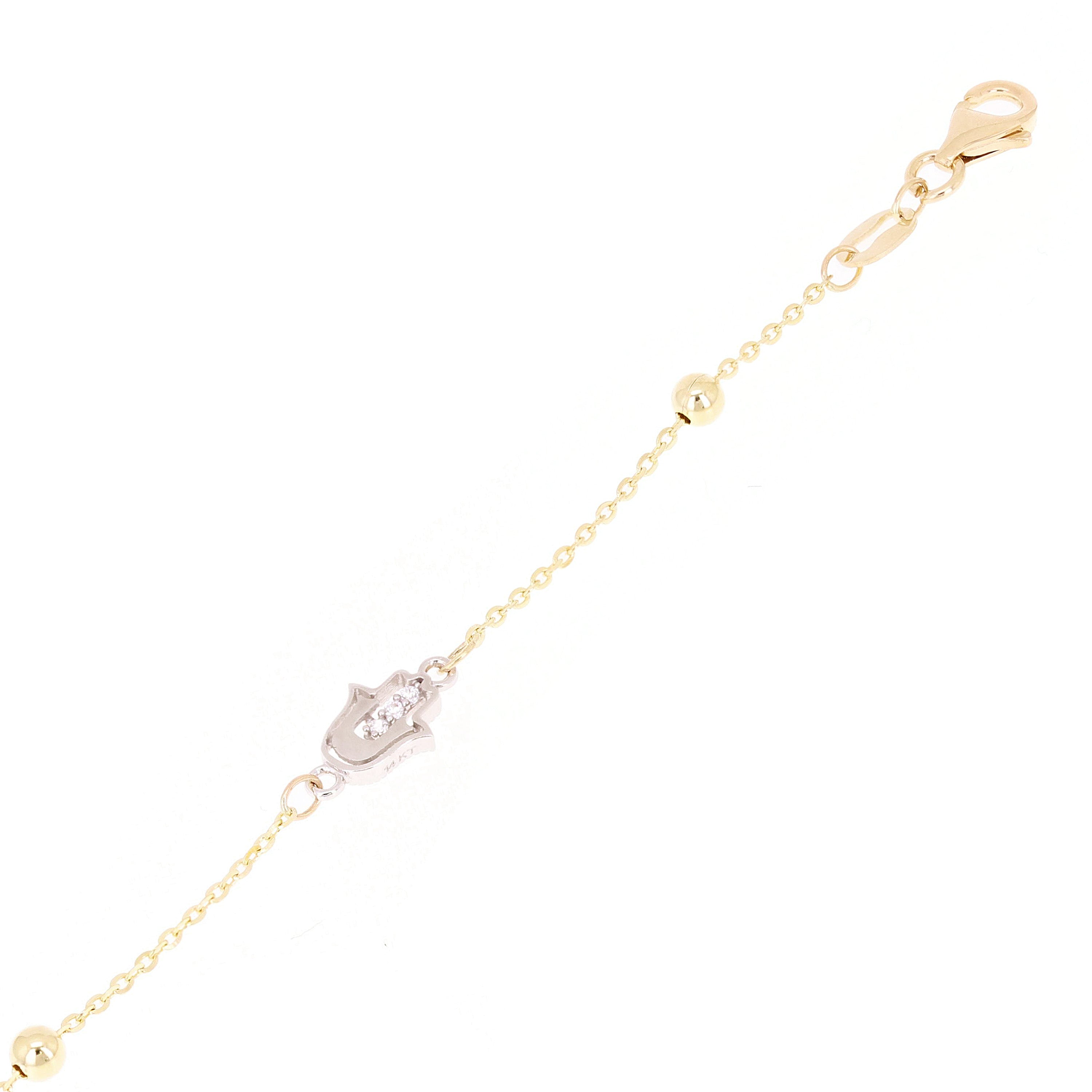 Italian 14k Yellow & White Gold Hand of Fatima Station Anklet Bracelet 10" 2.6g