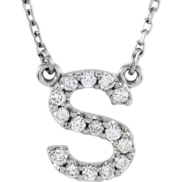 14k White Gold Diamond Initial Letter S Alphabet Rolo Pendant Necklace 18" - Letter S,White