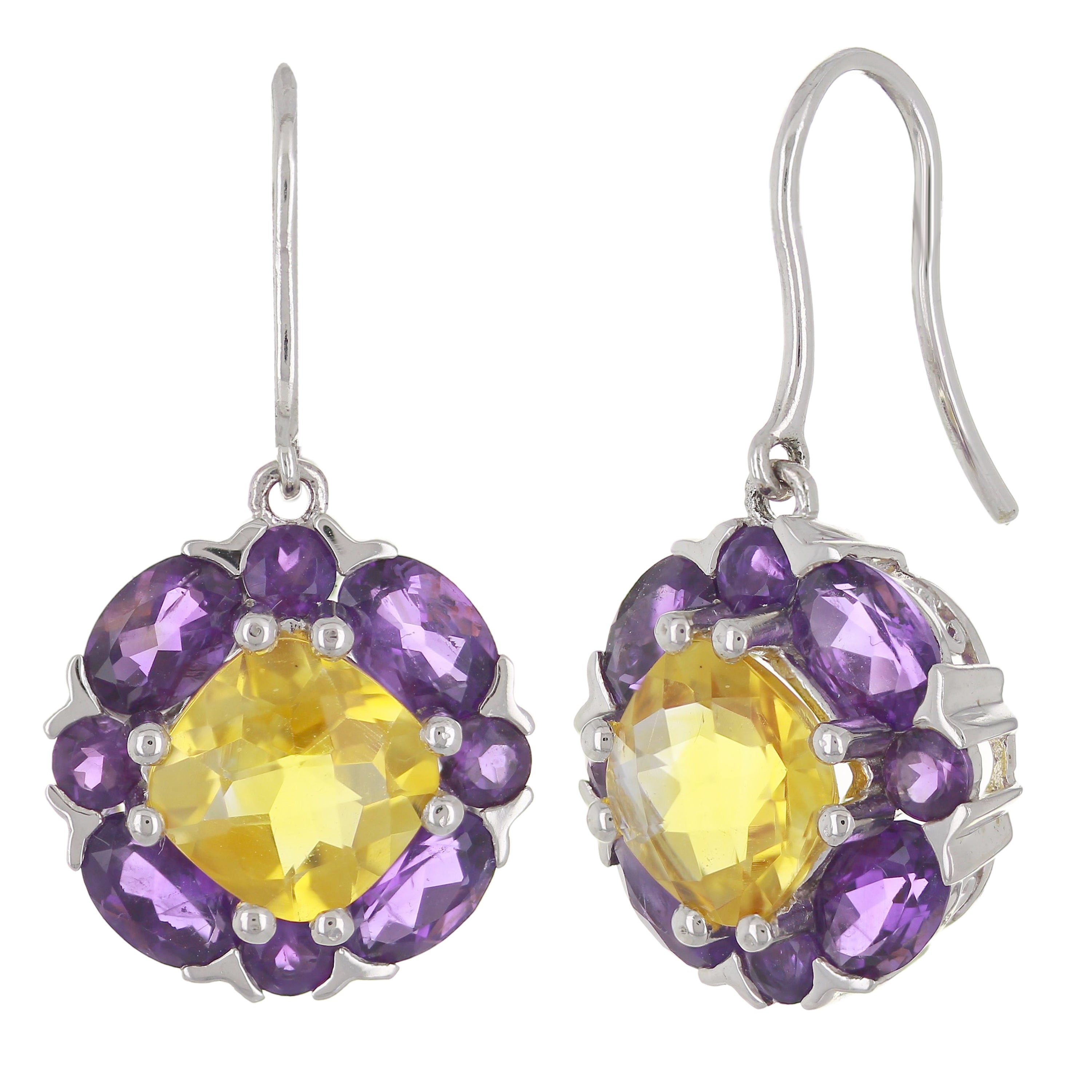 14k White Gold Citrine & Amethyst Gemstone Bouquet Flower Dangle Earrings
