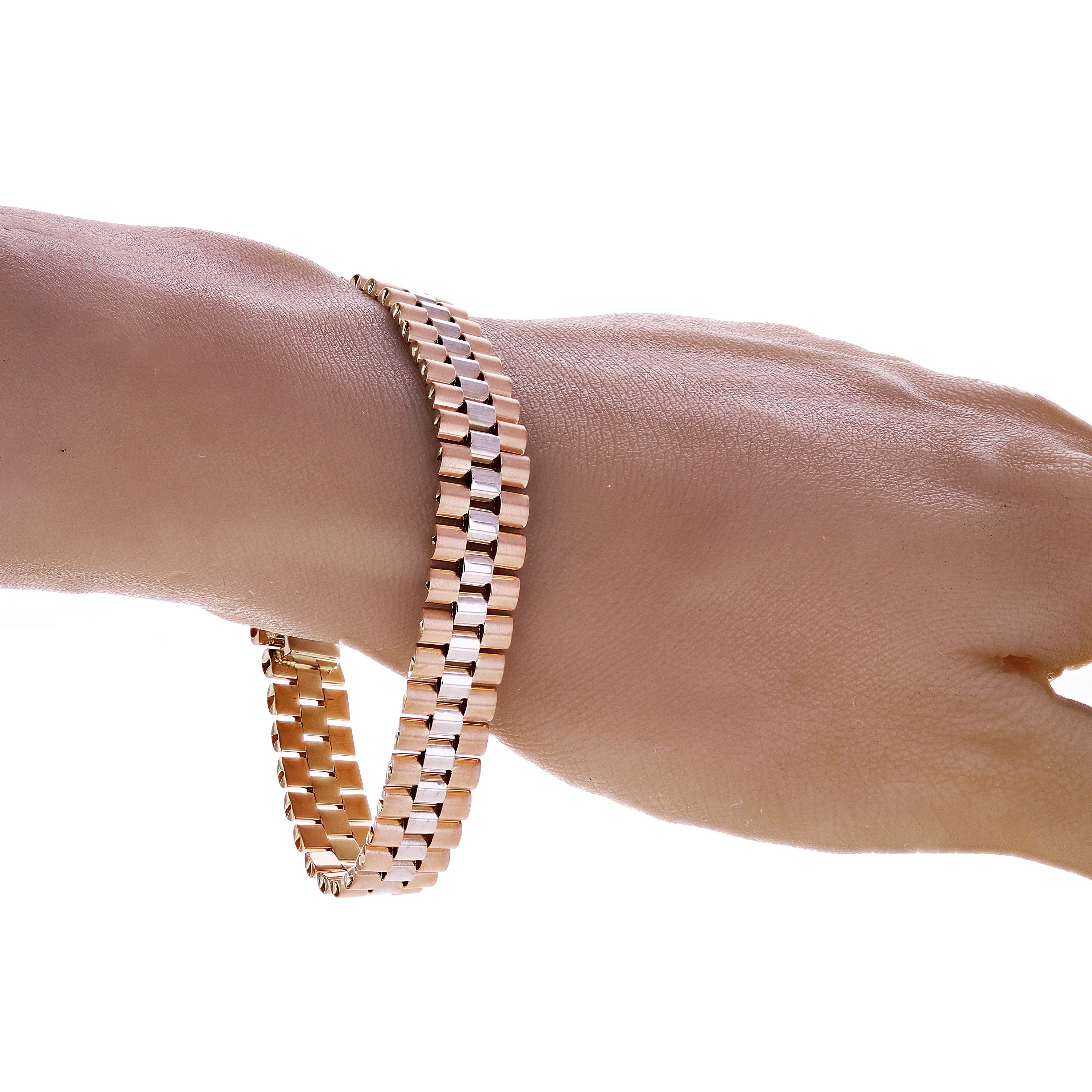 Italian Two- Tone 14k White & Rose Gold Watch Link Bracelet 8" 11mm 28.7 grams - White and Rose