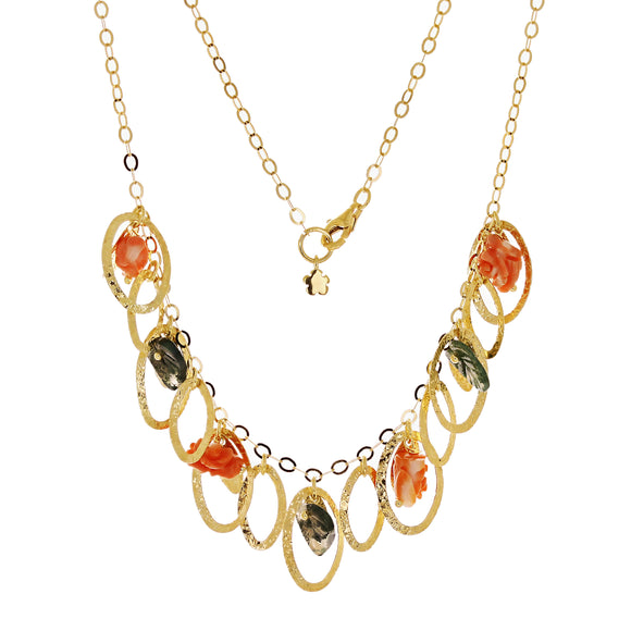 Italian 14k Yellow Gold Handmade Fancy Quartz & Coral Necklace 17