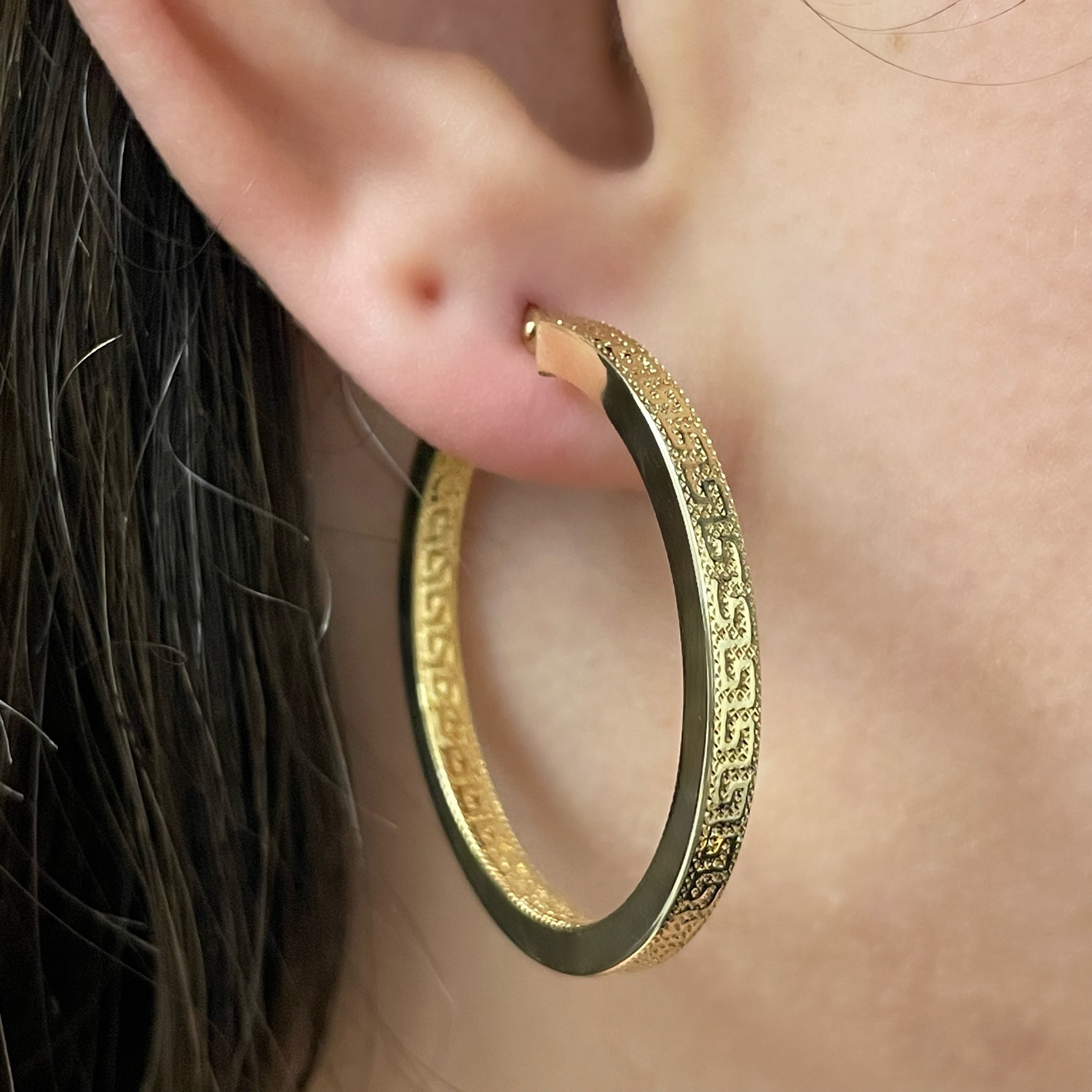 Italian 14k Yellow Gold Greek Key Hollow Hoop Earrings 36.9mm 3.6 grams