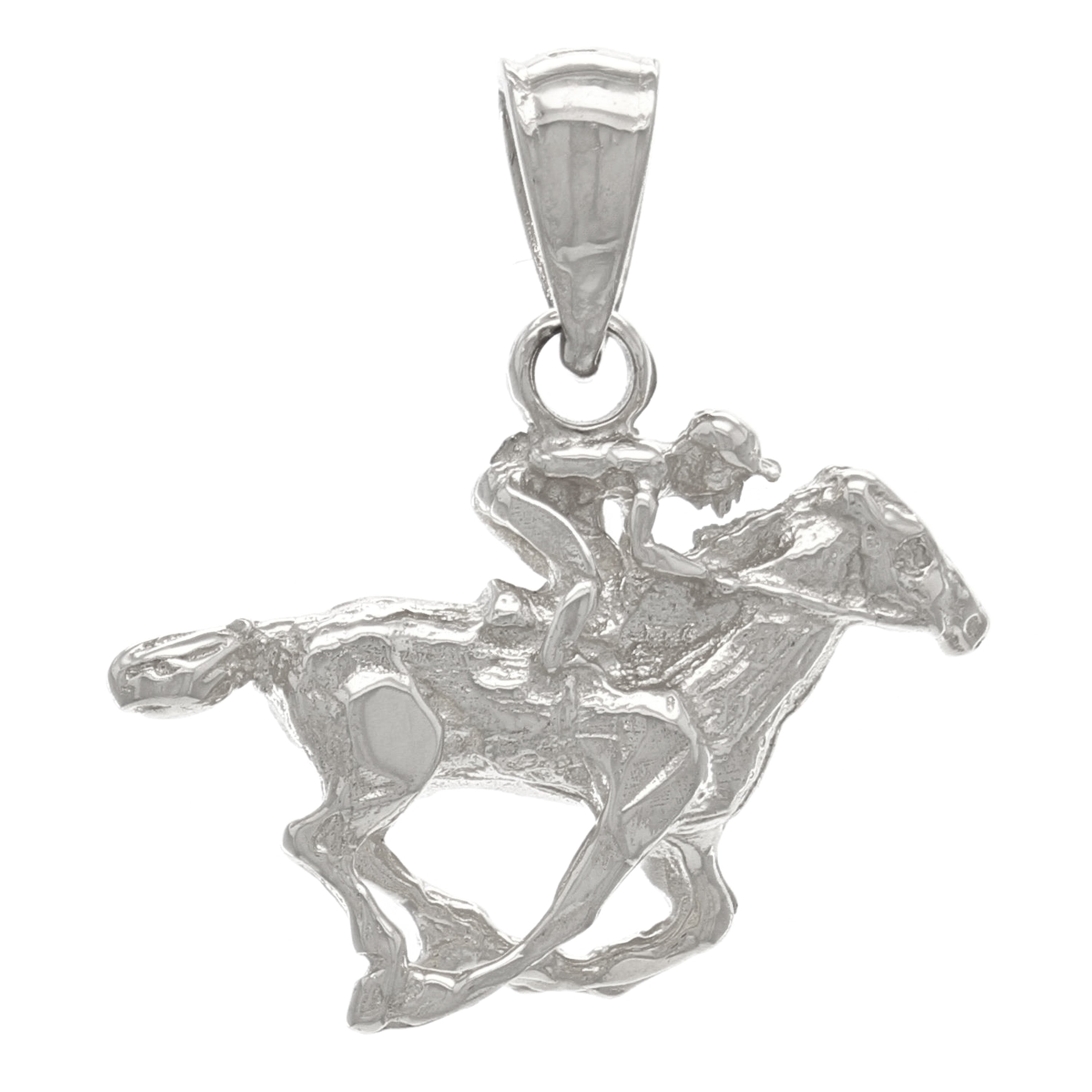 14k White Gold Diamond Cut Equestrian Horse & Jockey Rider Charm Pendant 3 grams - White