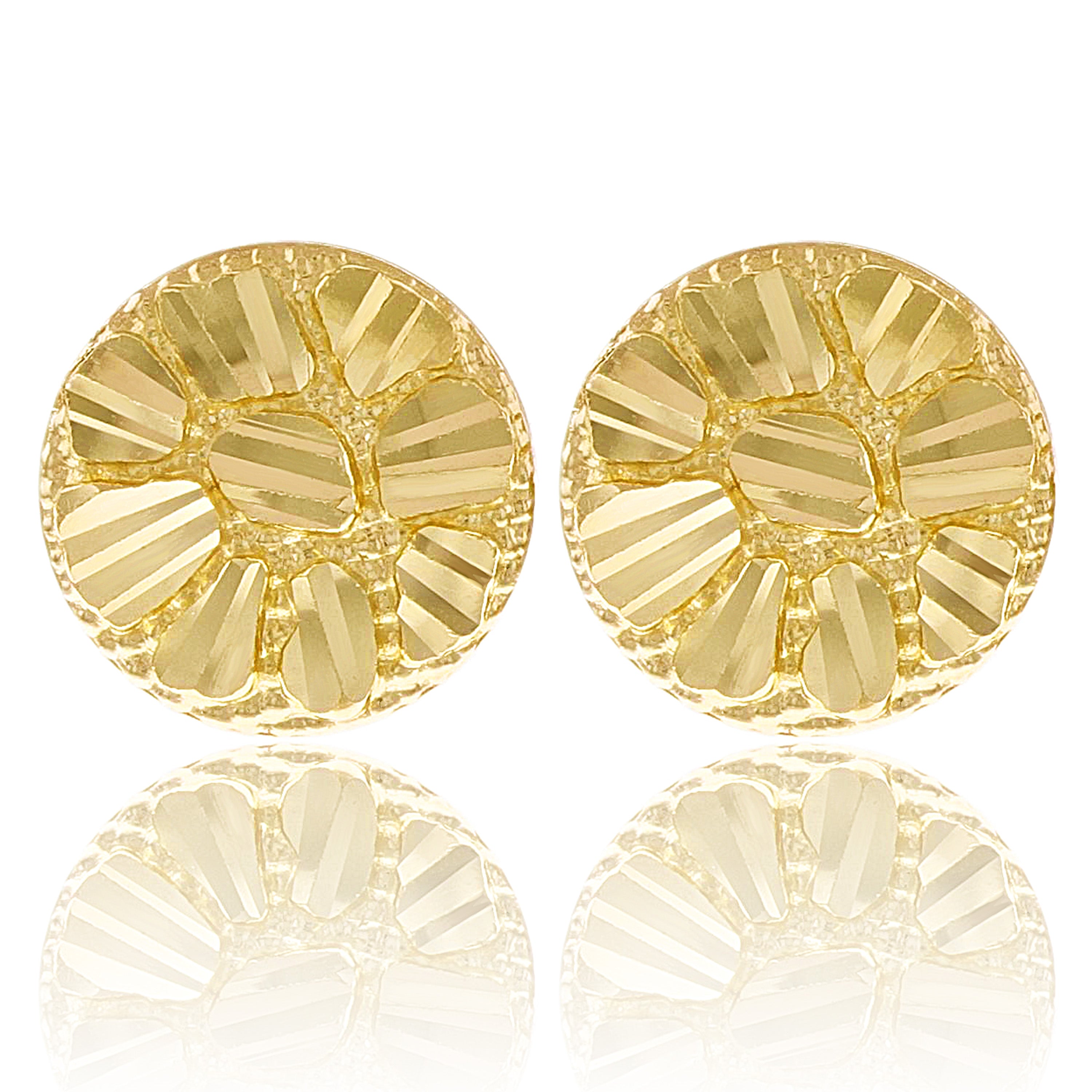 14k Yellow Gold Diamond Cut Nugget Round Stud Earrings 10mm 1.4 grams