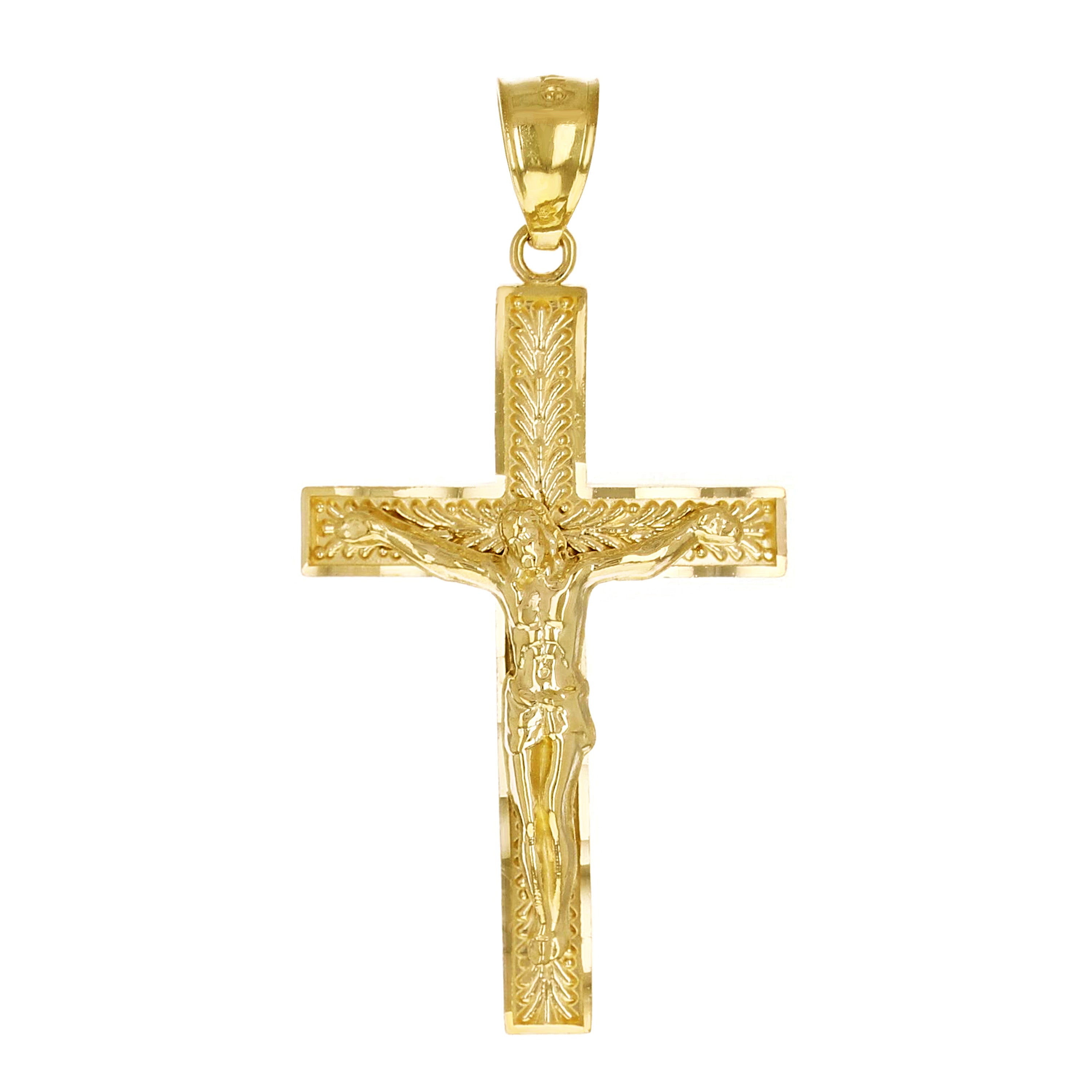 14k Yellow Gold Diamond Cut Leaf Pattern Jesus Cross Crucifix Pendant 1.7" 3.3g