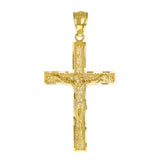 14k Yellow Gold Diamond Cut Leaf Pattern Jesus Cross Crucifix Pendant 1.7" 3.3g