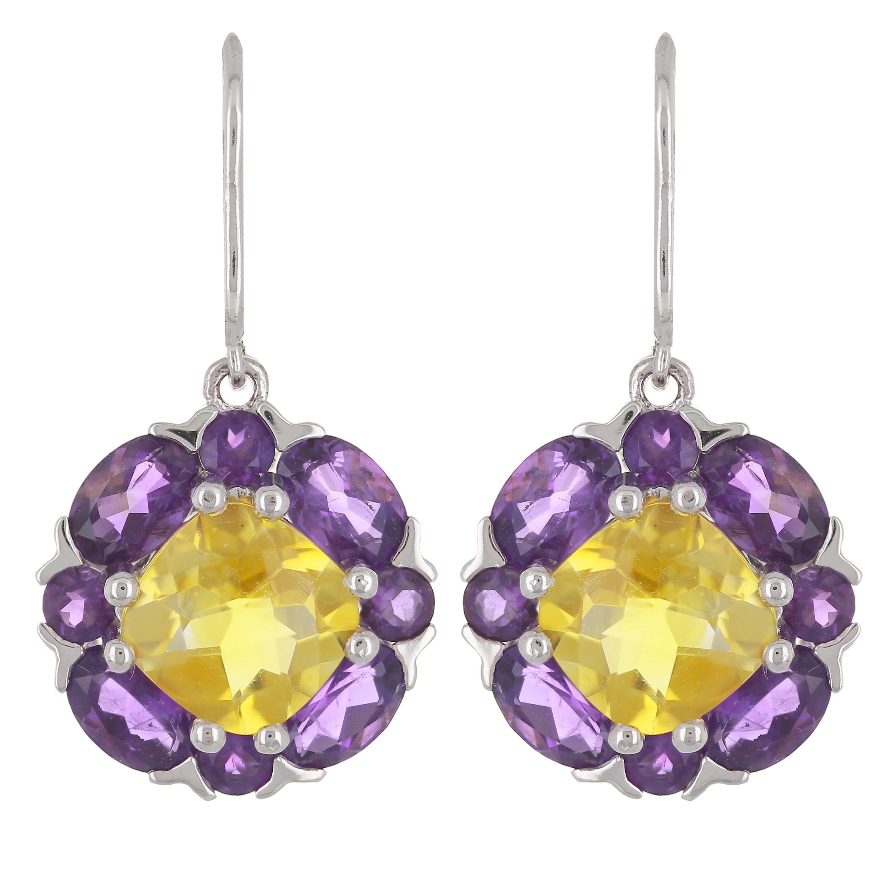14k White Gold Citrine & Amethyst Gemstone Bouquet Flower Dangle Earrings