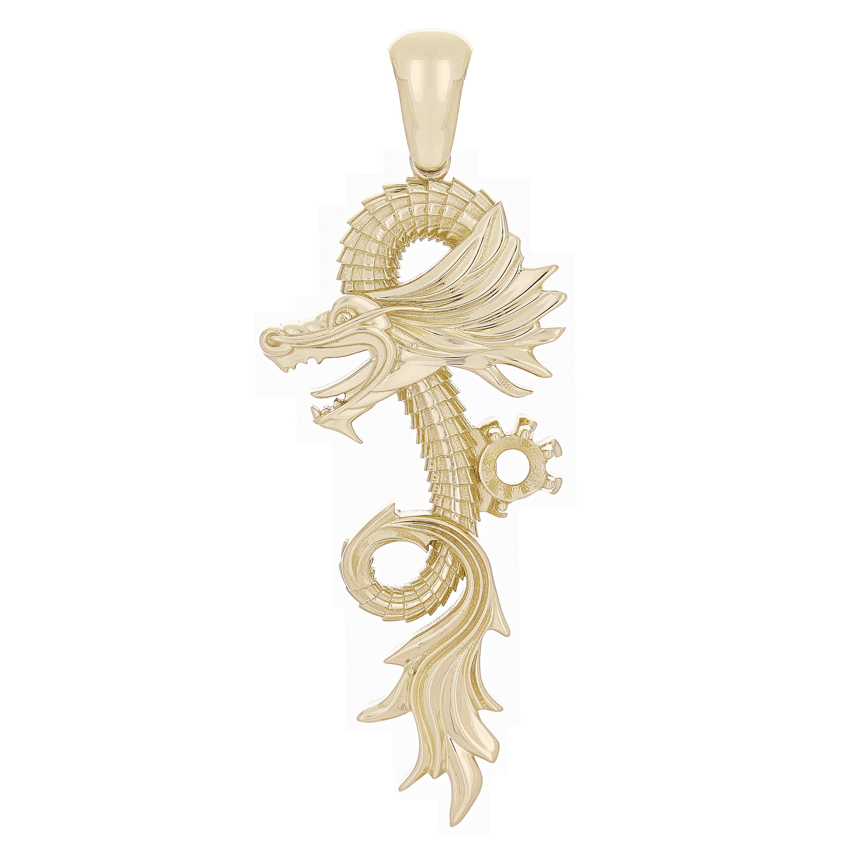 14k Yellow Gold Chinese Asian Dragon Detailed Semi-Mount Long Pendant 2.35"