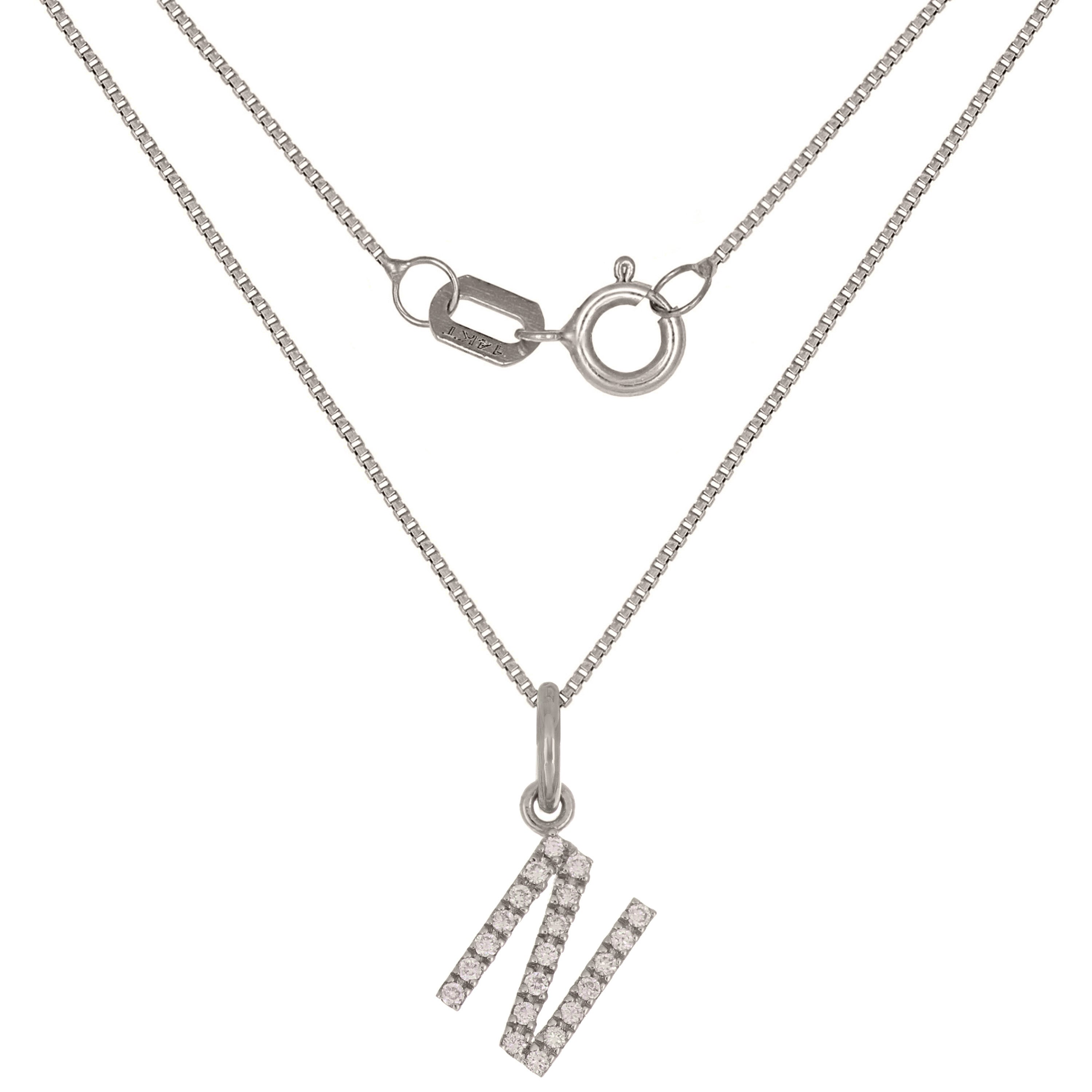 14k White Gold Diamond Initial Letter N Charm Pendant Necklace 18" - Letter N,White