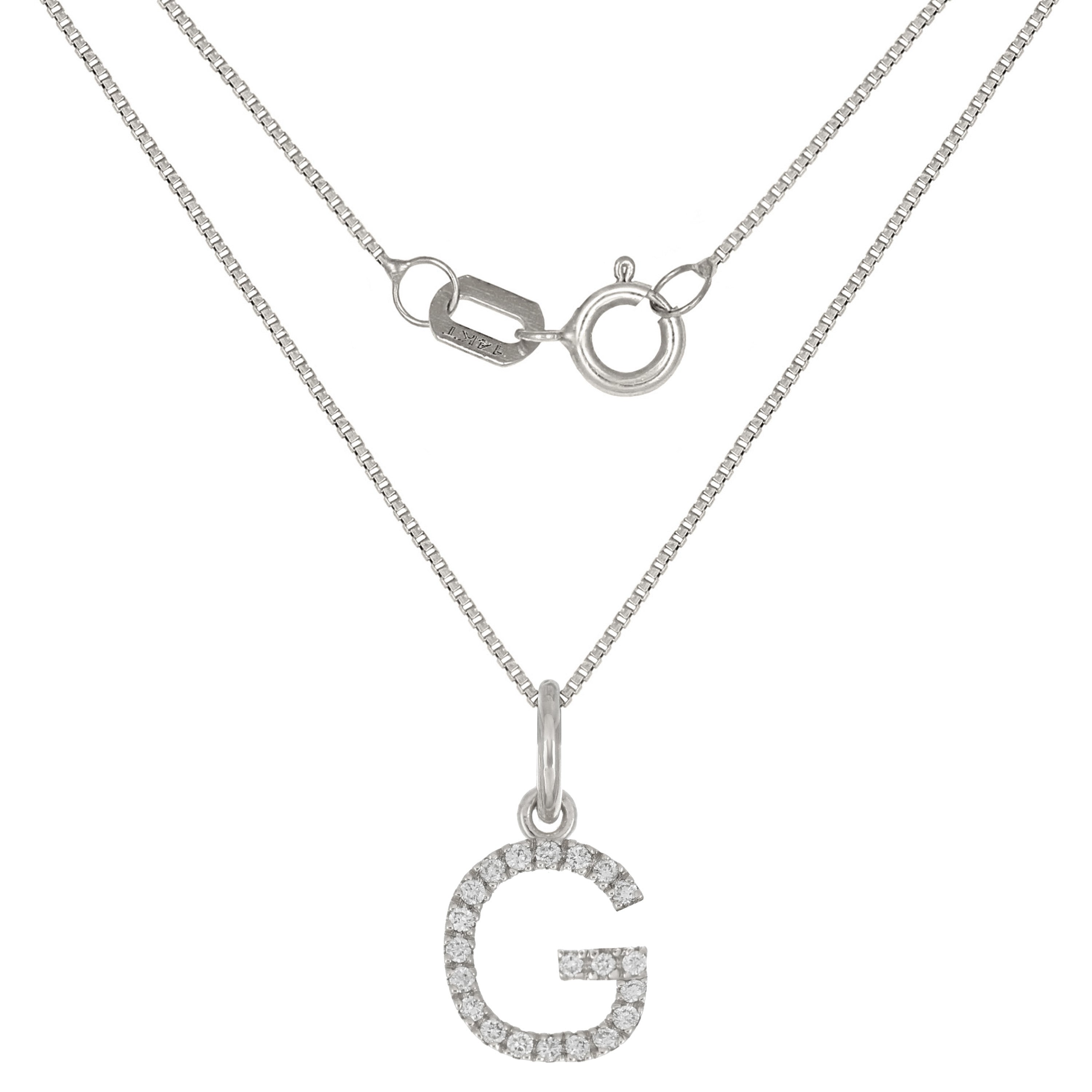 14k White Gold Diamond Initial Letter G Charm Pendant Necklace 18" - Letter G,White