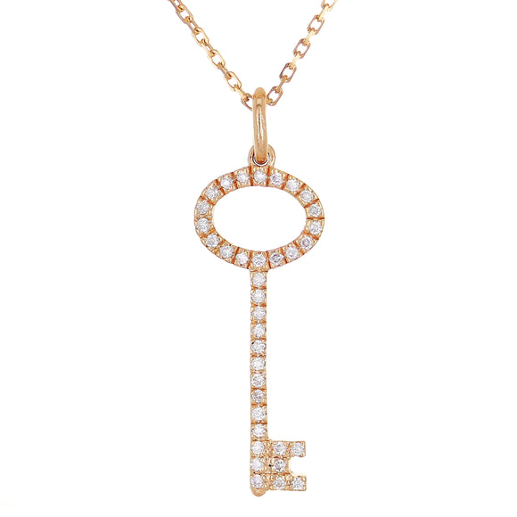 14k Rose Gold Natural Diamond Key Pendant Necklace 18