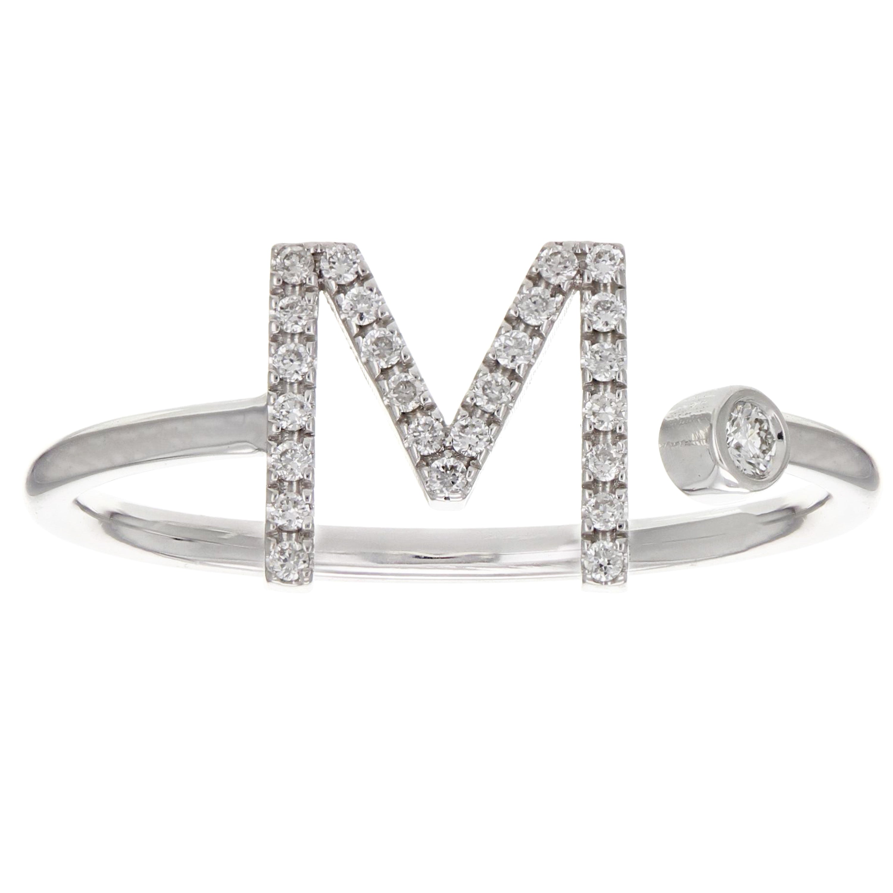 14k White Gold Diamond Initial Letter M Ring Size 6 - Letter M,White