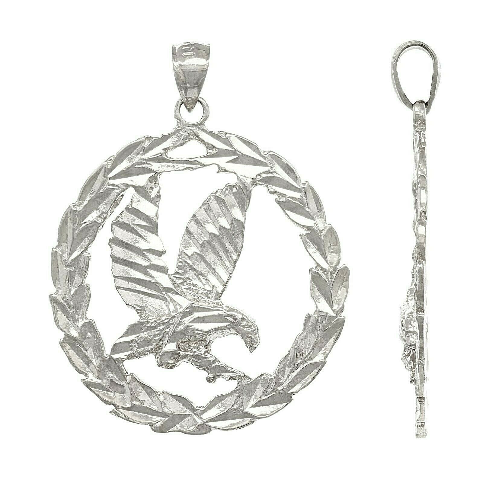 14k White Gold Solid Diamond Cut Flying Eagle in Wreath Charm Pendant 1.38" 4.5g