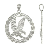 14k White Gold Solid Diamond Cut Flying Eagle in Wreath Charm Pendant 1.38" 4.5g
