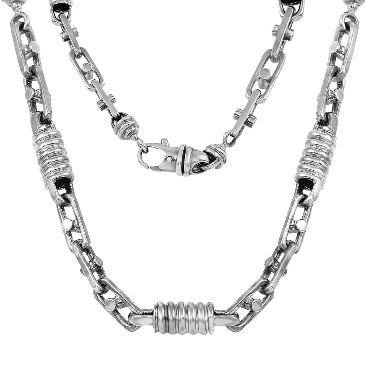 14k White Gold Handmade Spring Barrel Link Necklace 28" 7mm 89.9 grams - White,28"