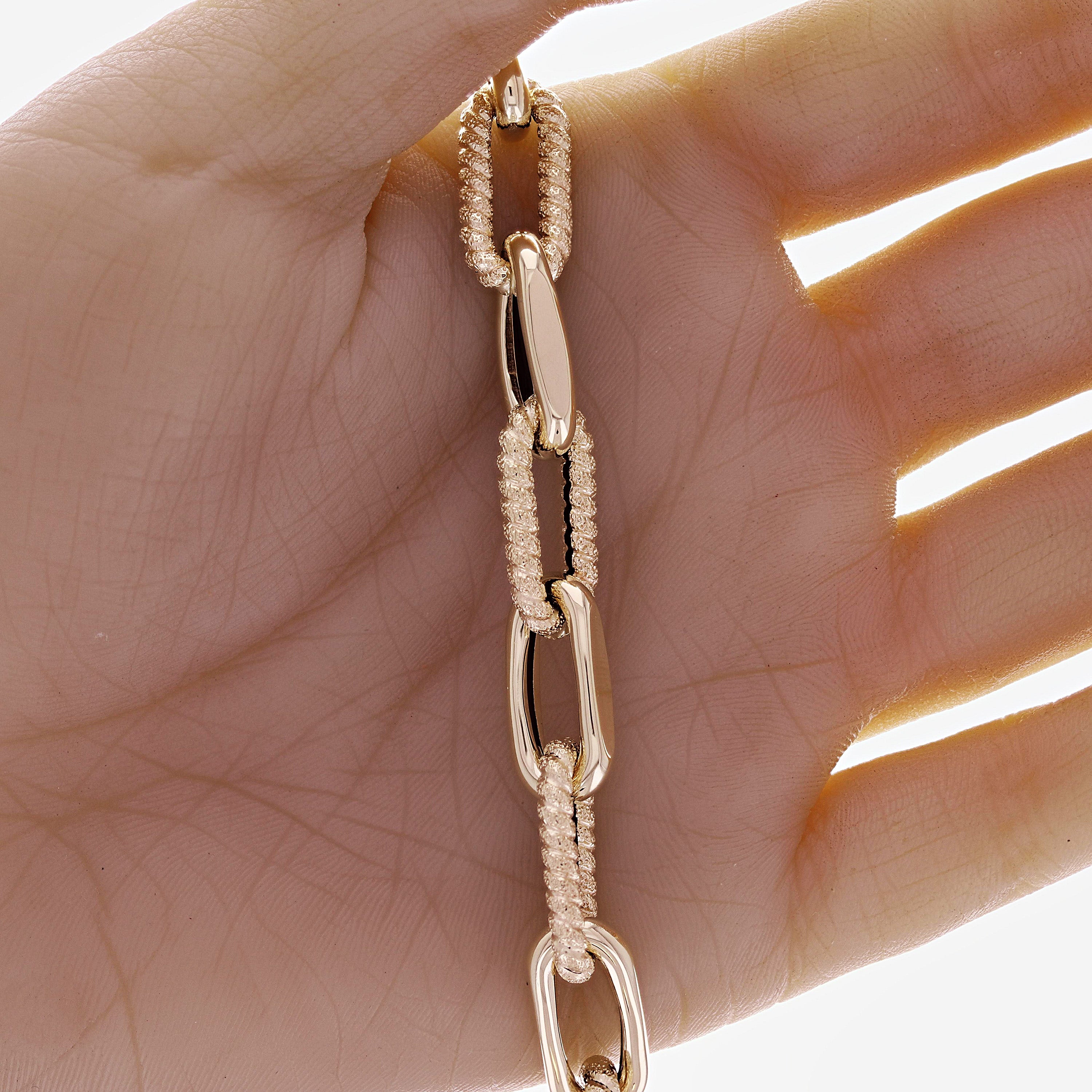 Italian 14k Yellow Gold Plain & Rope Paper Clip Link Bracelet 7.5" 10mm 9.8 grams